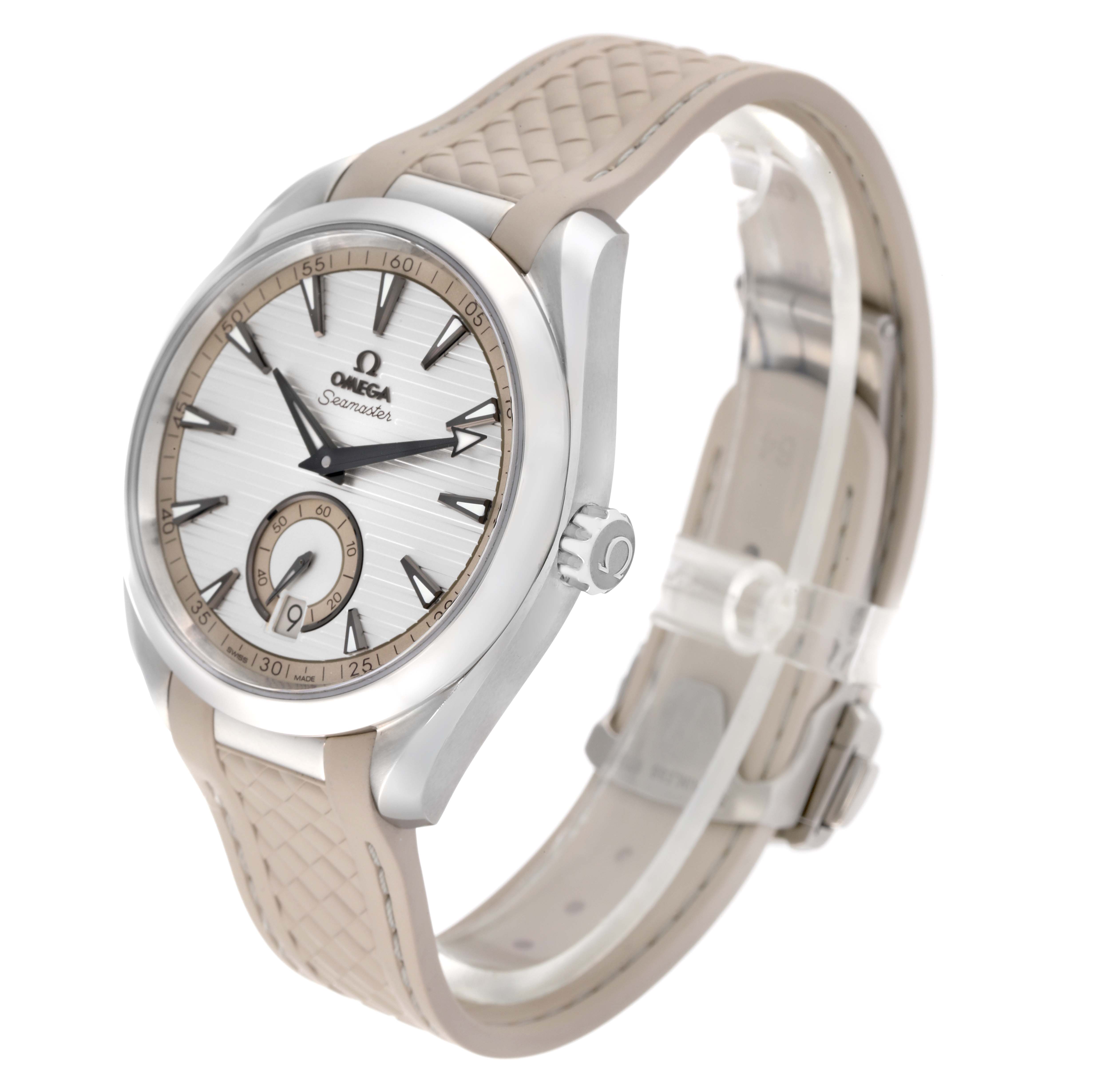 The Omega Aqua Terra 220.12.41.21.02.005 Men's Stainless Steel Silver Dial 220.12.41.21.02.005 Men's Stainless Steel Silver Dial watch is shown at a three-quarter angle, highlighting its face, crown, and beige strap.