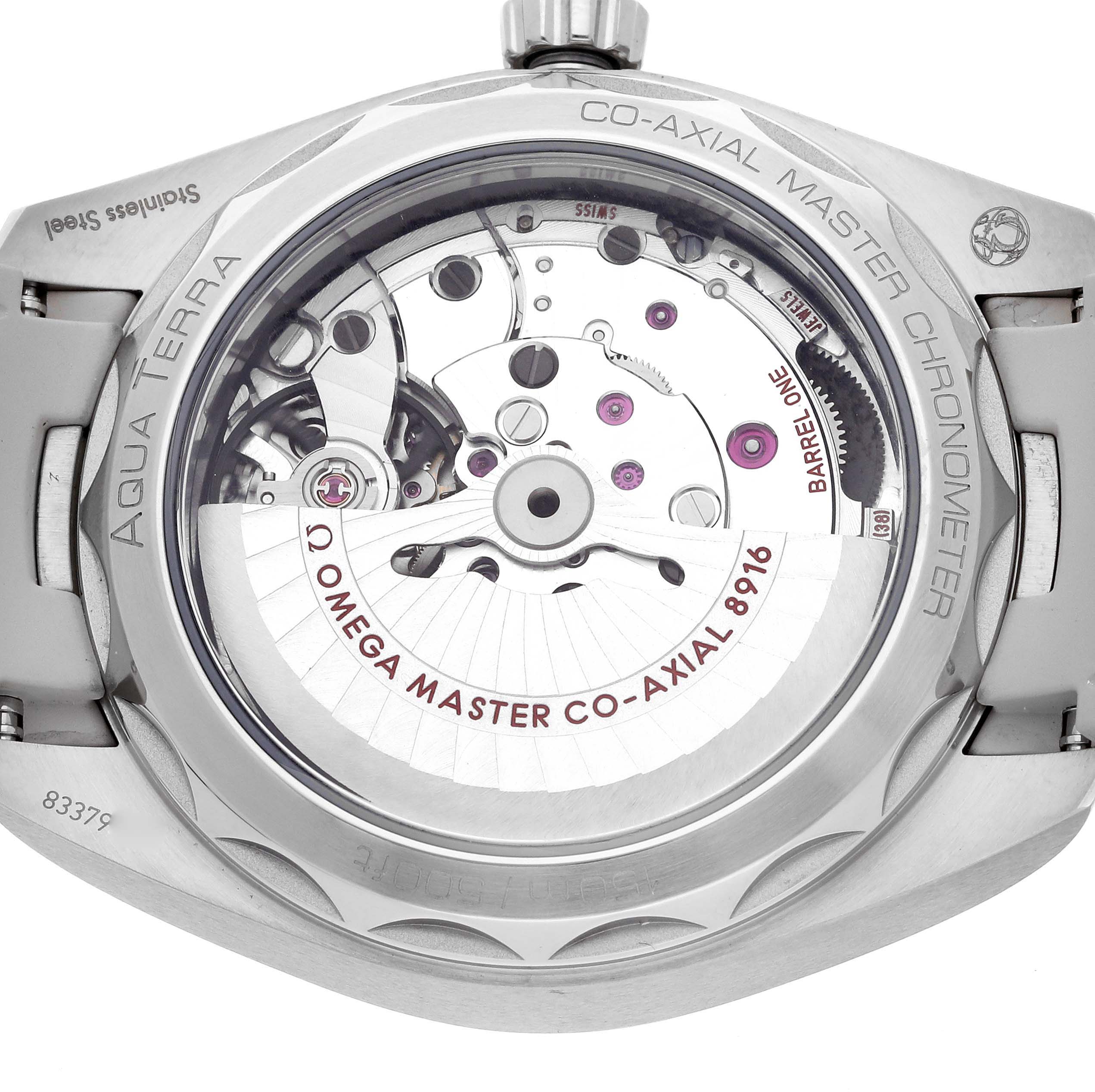 The image shows the back view of the Omega Aqua Terra 220.12.41.21.02.005 Men's Stainless Steel Silver Dial 220.12.41.21.02.005 Men's Stainless Steel Silver Dial watch, highlighting its Co-Axial Master Chronometer movement.