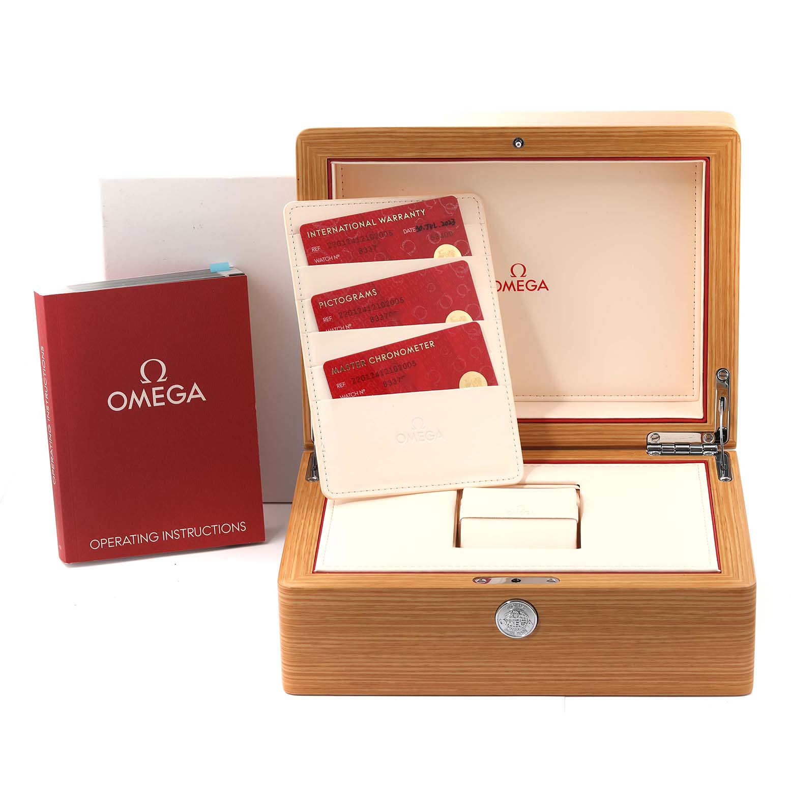 The image shows the Omega Aqua Terra 220.12.41.21.02.005 Men's Stainless Steel Silver Dial 220.12.41.21.02.005 Men's Stainless Steel Silver Dial watch accessories including the box, manuals, warranty cards, and card holder.