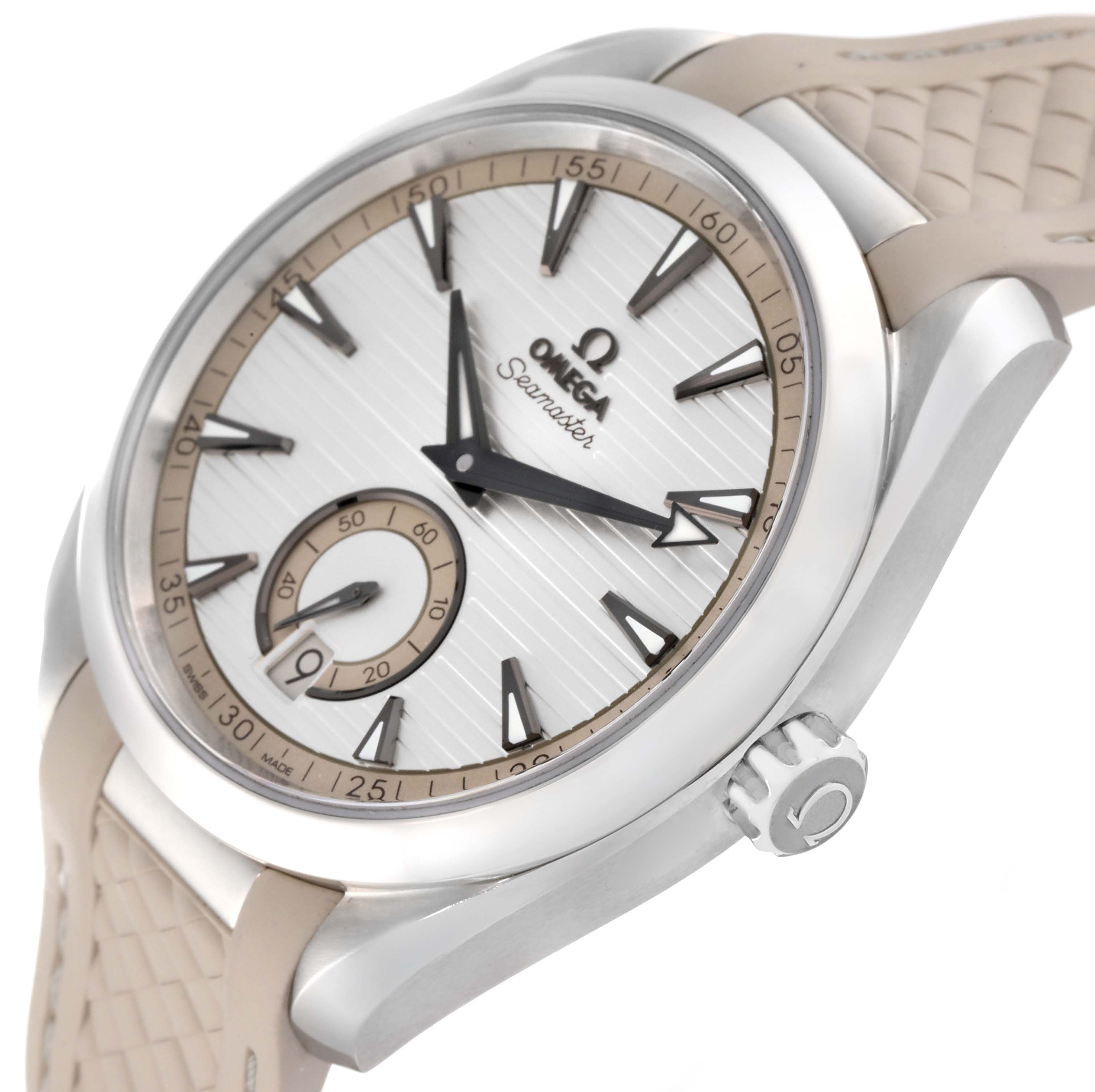 This is a close-up angle of the Omega Aqua Terra 220.12.41.21.02.005 Men's Stainless Steel Silver Dial 220.12.41.21.02.005 Men's Stainless Steel Silver Dial watch, showing the dial, crown, and part of the strap.