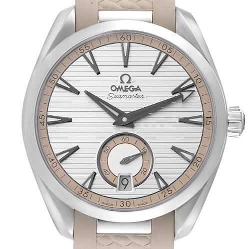 The image shows a front view of an Omega Seamaster Aqua Terra watch, displaying its dial, hands, and part of the strap.