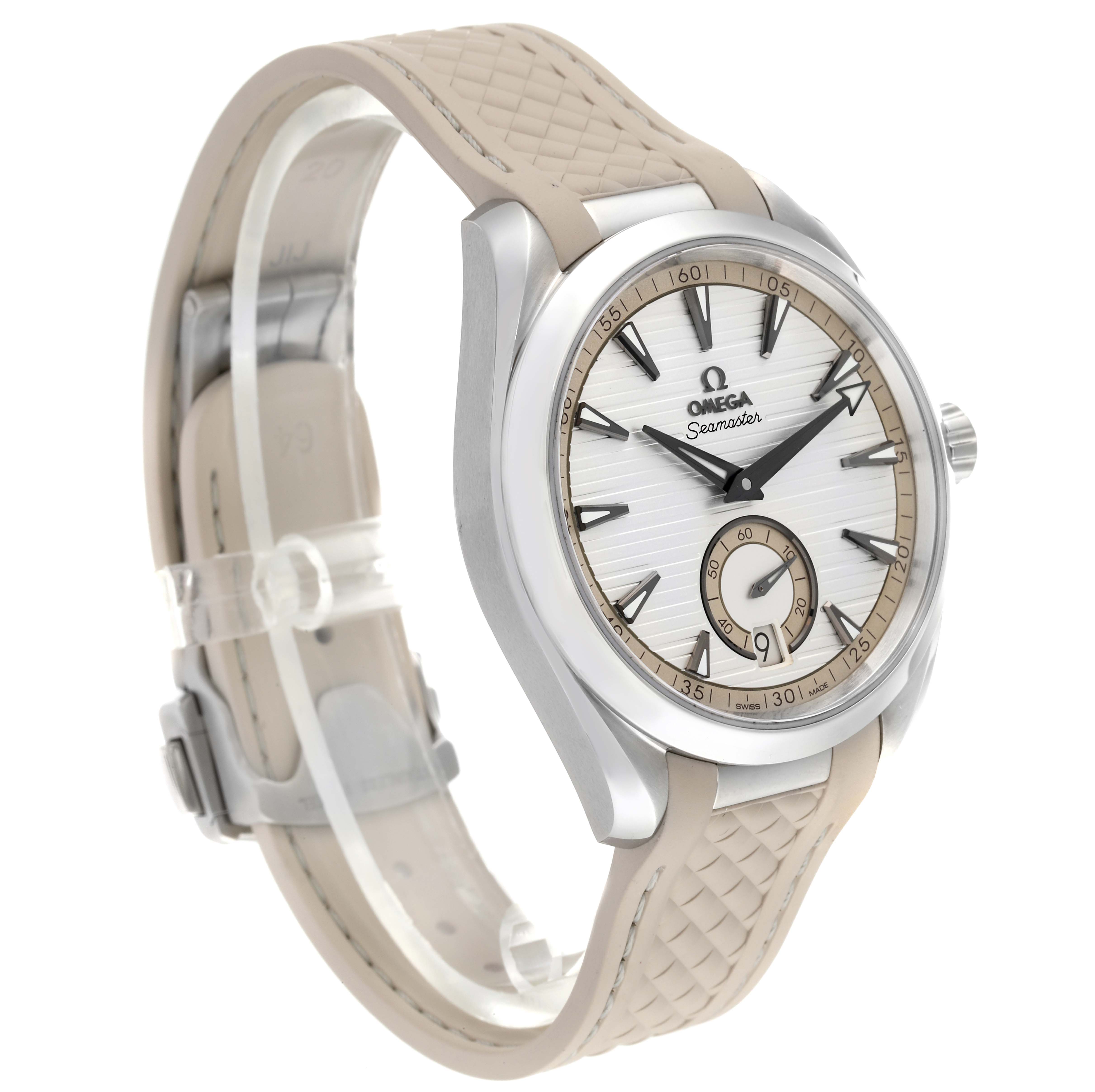 The Omega Aqua Terra 220.12.41.21.02.005 Men's Stainless Steel Silver Dial 220.12.41.21.02.005 Men's Stainless Steel Silver Dial watch is shown at a front-side angle, displaying the face, bezel, and part of the strap.