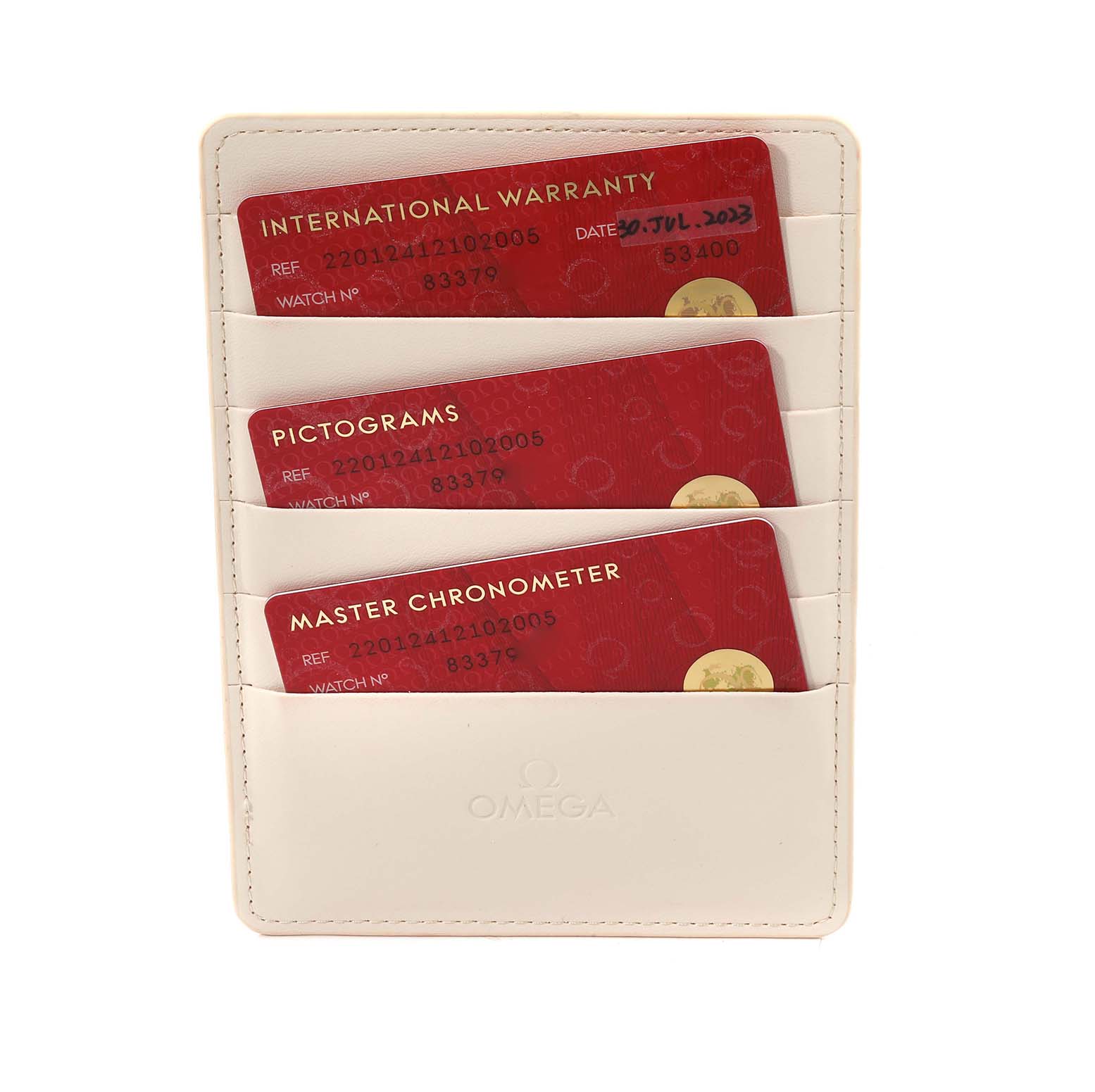 The image shows an Omega Aqua Terra 220.12.41.21.02.005 Men's Stainless Steel Silver Dial 220.12.41.21.02.005 Men's Stainless Steel Silver Dial model's accessory: a holder with warranty, pictograms, and master chronometer cards.