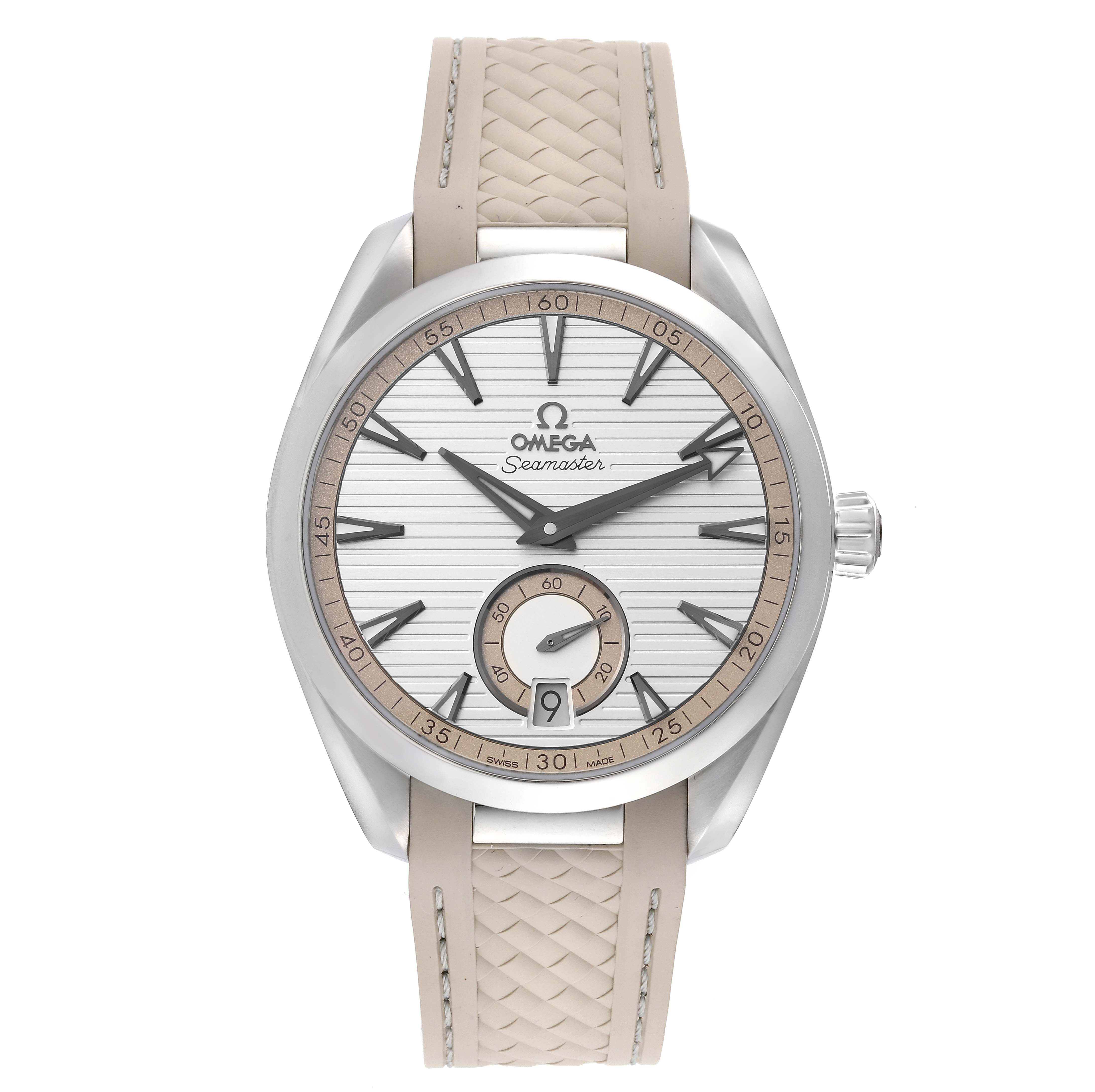 This image shows a front view of the Omega Seamaster Aqua Terra watch, featuring a beige strap and silver dial.