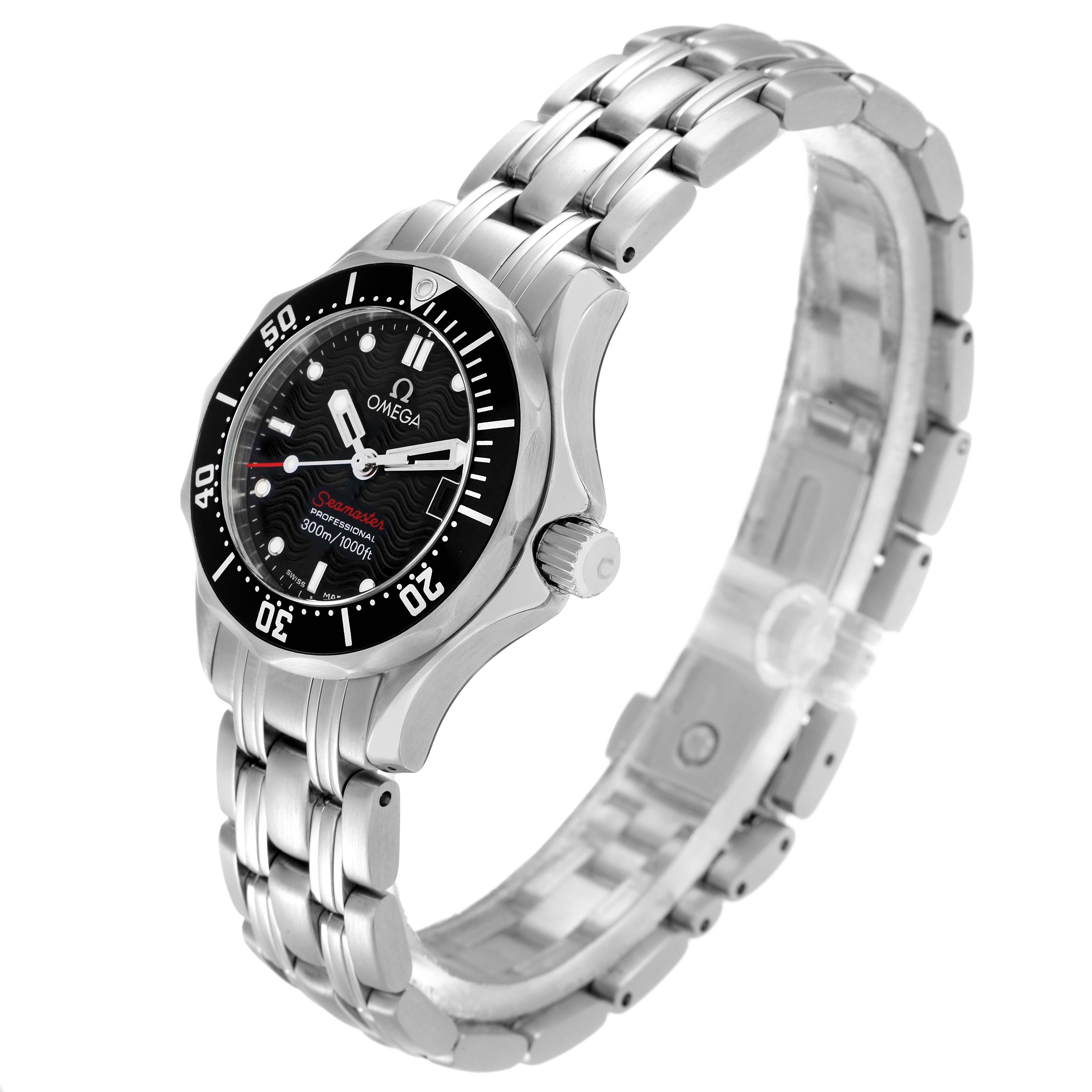The Omega 212.30.28.61.01.001 Women
s Stainless Steel Black Dial Seamaster Diver 300M 28 Quartz Ladies Watch is shown from an angled side view highlighting the dial, bezel, case, and bracelet.