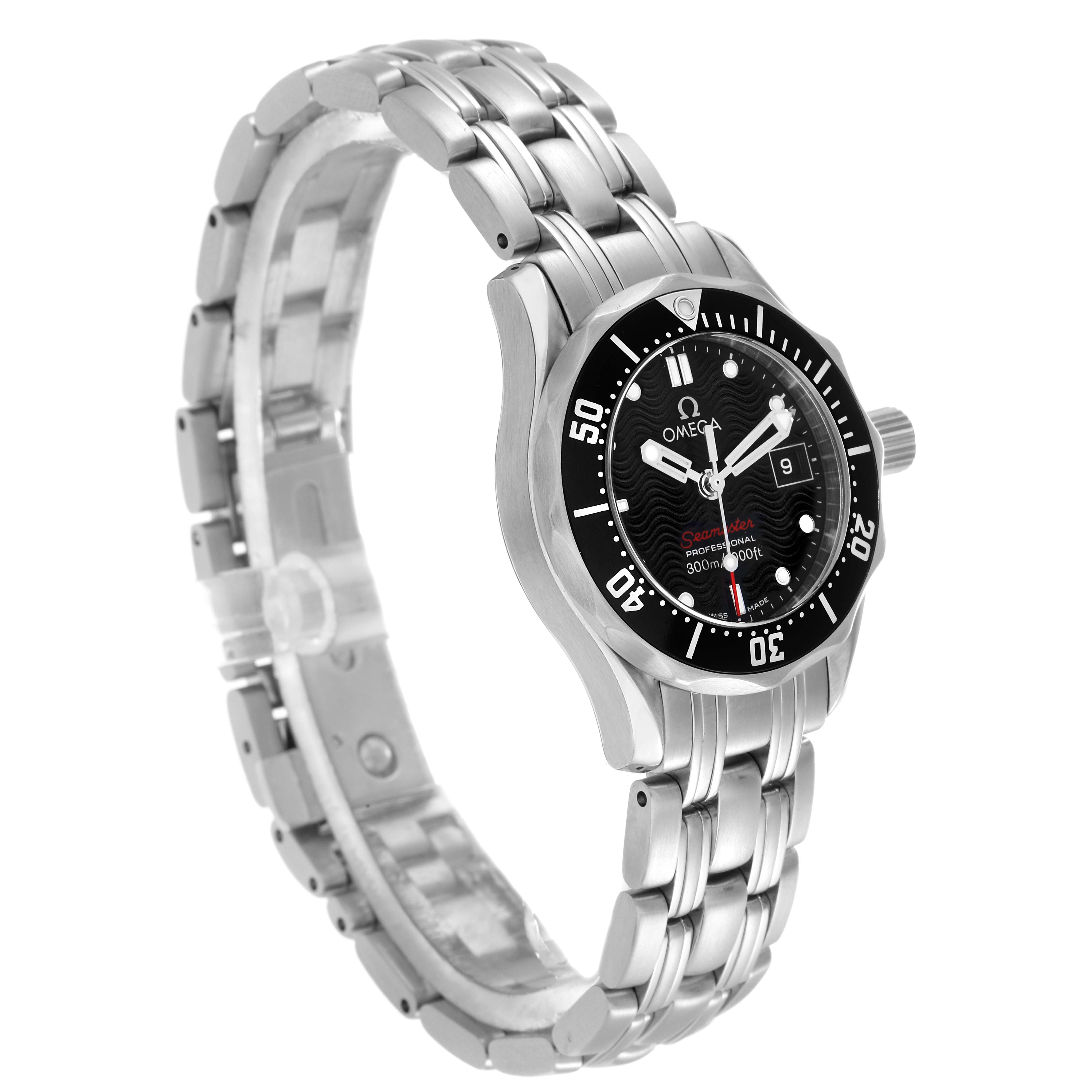 The Omega 212.30.28.61.01.001 Women
s Stainless Steel Black Dial Seamaster Diver 300M 28 Quartz Ladies Watch is shown at a three-quarter angle, highlighting its bezel, bracelet, and face.