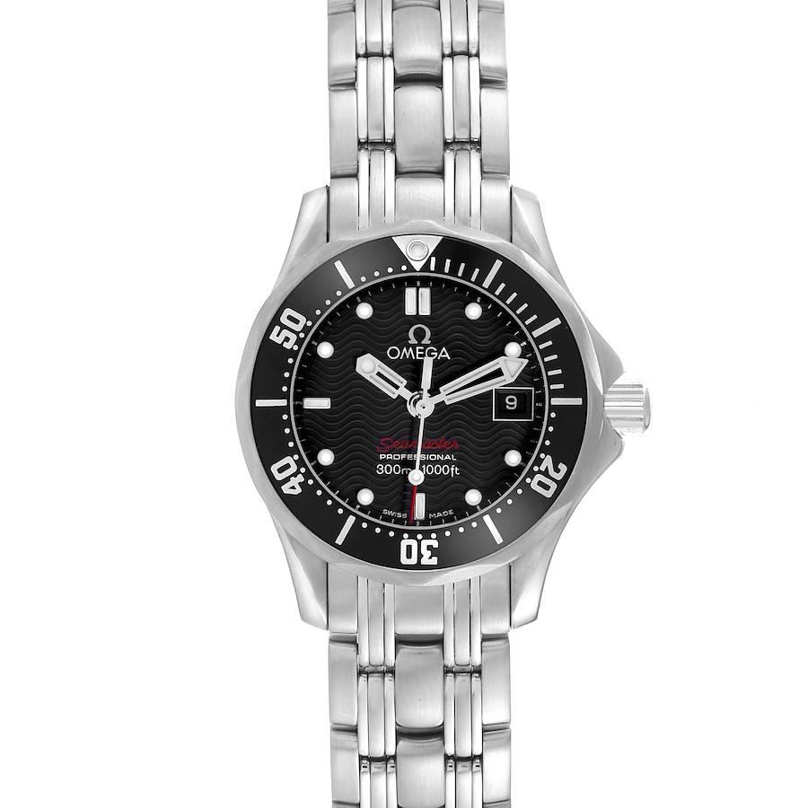 The Omega 212.30.28.61.01.001 Women's Stainless Steel Black Dial Seamaster Diver 300M 28 Quartz Ladies Watch is shown from a front angle, highlighting its dial, bezel, bracelet, and crown.