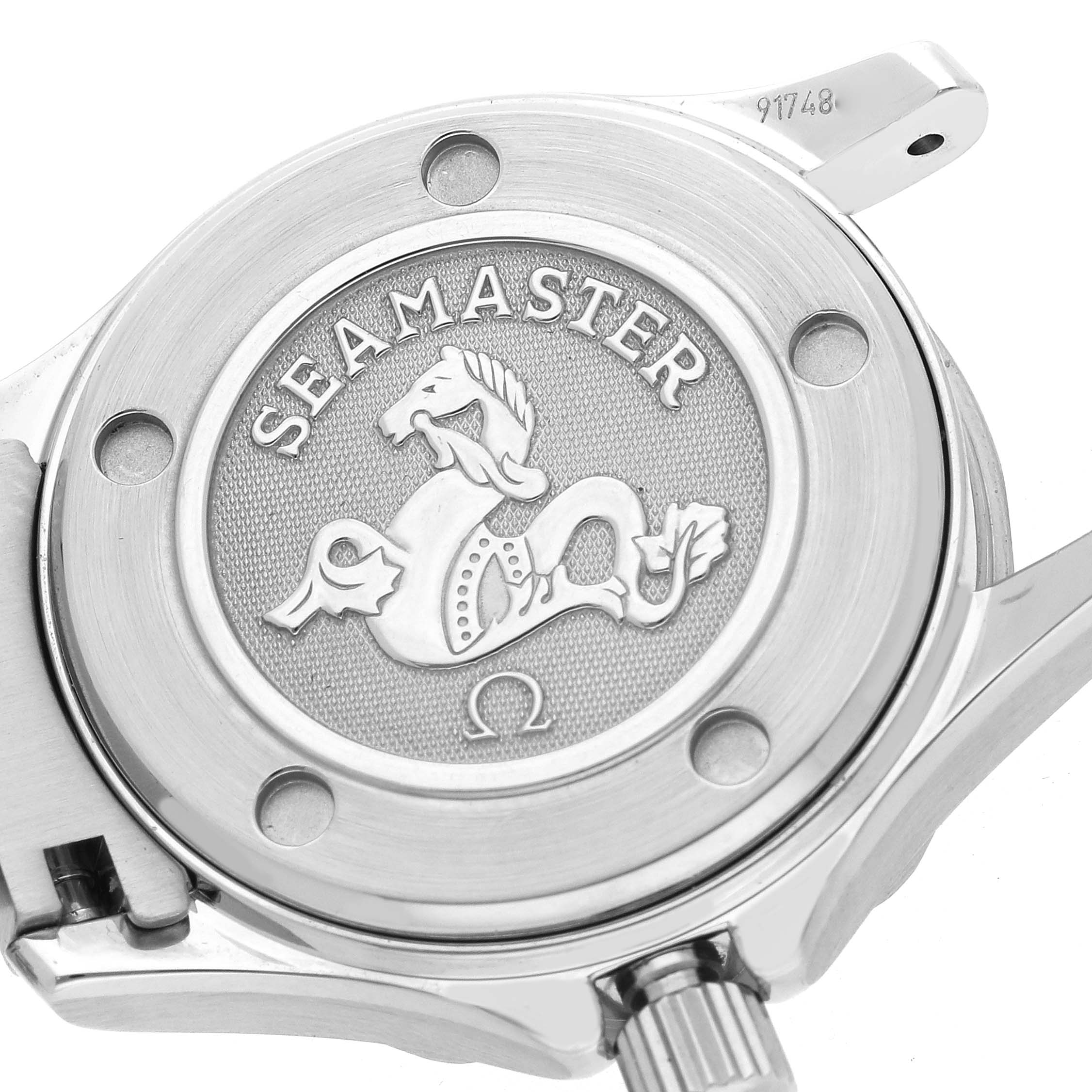 The image shows the case back of the Omega 212.30.28.61.01.001 Women
s Stainless Steel Black Dial Seamaster Diver 300M 28 Quartz Ladies Watch 212.30.28.61.01.001 with the Seamaster logo.