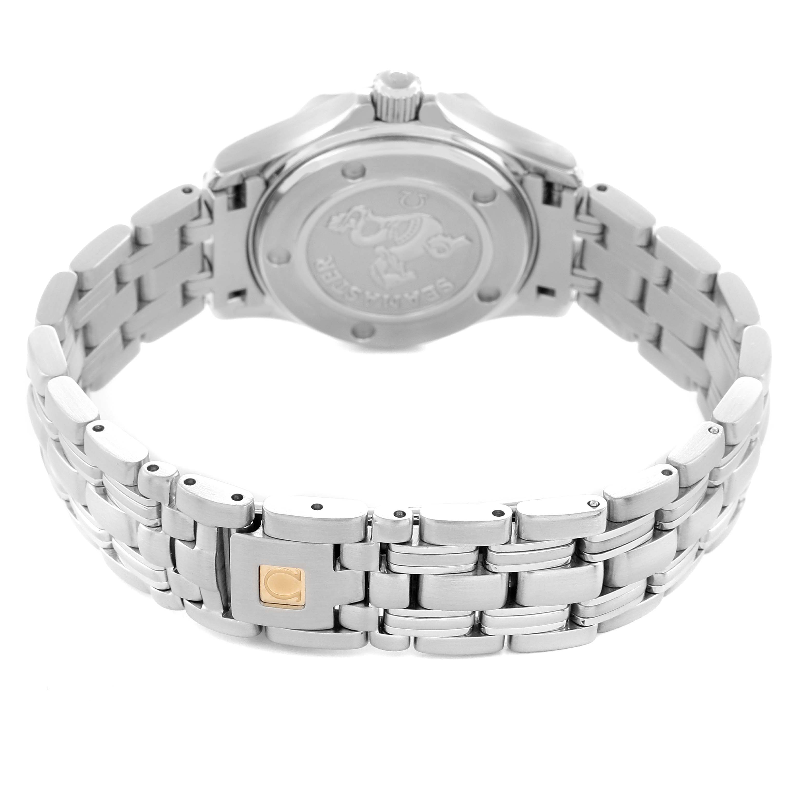 The image shows the back and bracelet of the Omega 212.30.28.61.01.001 Women
s Stainless Steel Black Dial Seamaster Diver 300M 28 Quartz Ladies Watch with a focus on the clasp and back casing.