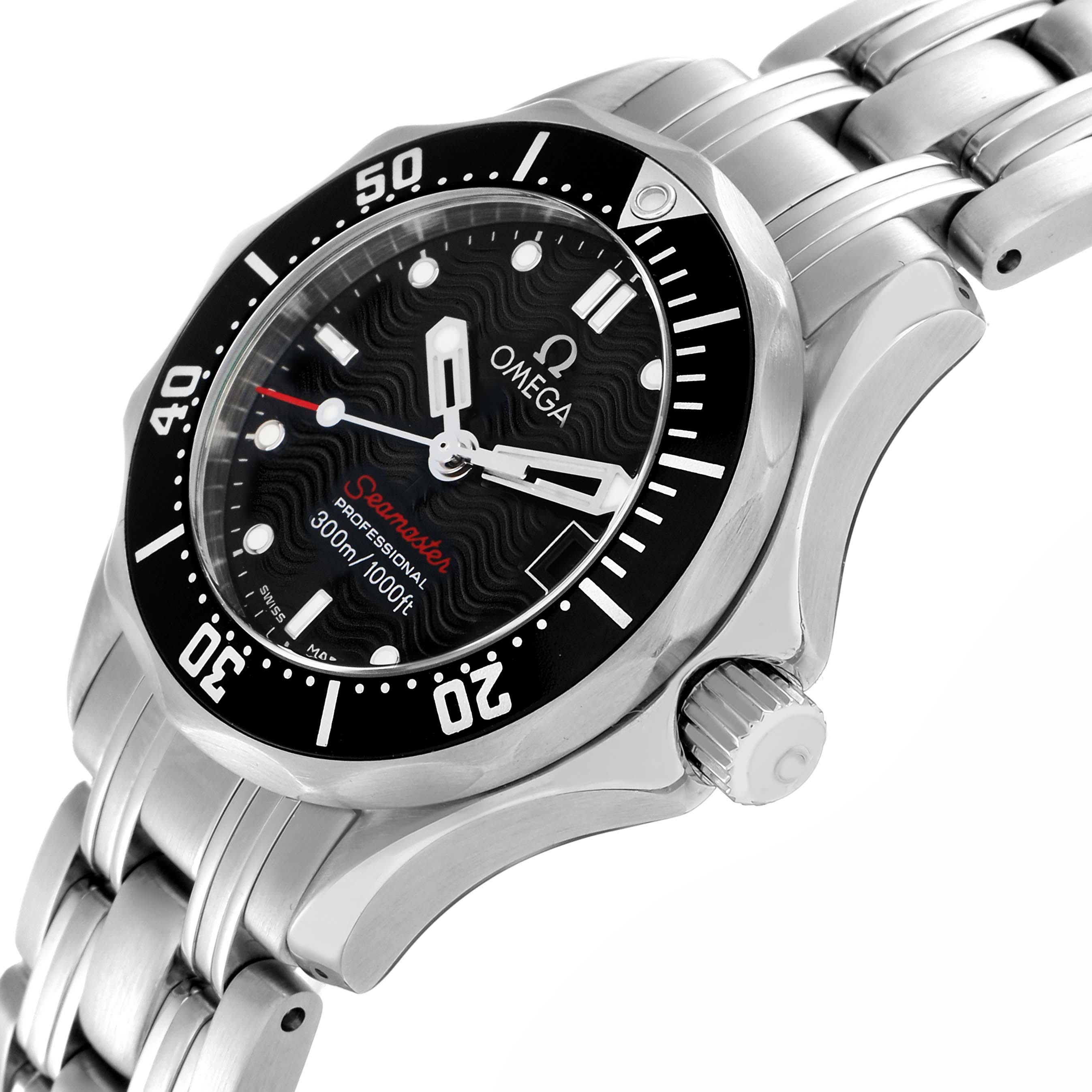 The Omega 212.30.28.61.01.001 Women
s Stainless Steel Black Dial Seamaster Diver 300M 28 Quartz Ladies Watch is shown at an angle highlighting the face, bezel, crown, and bracelet.