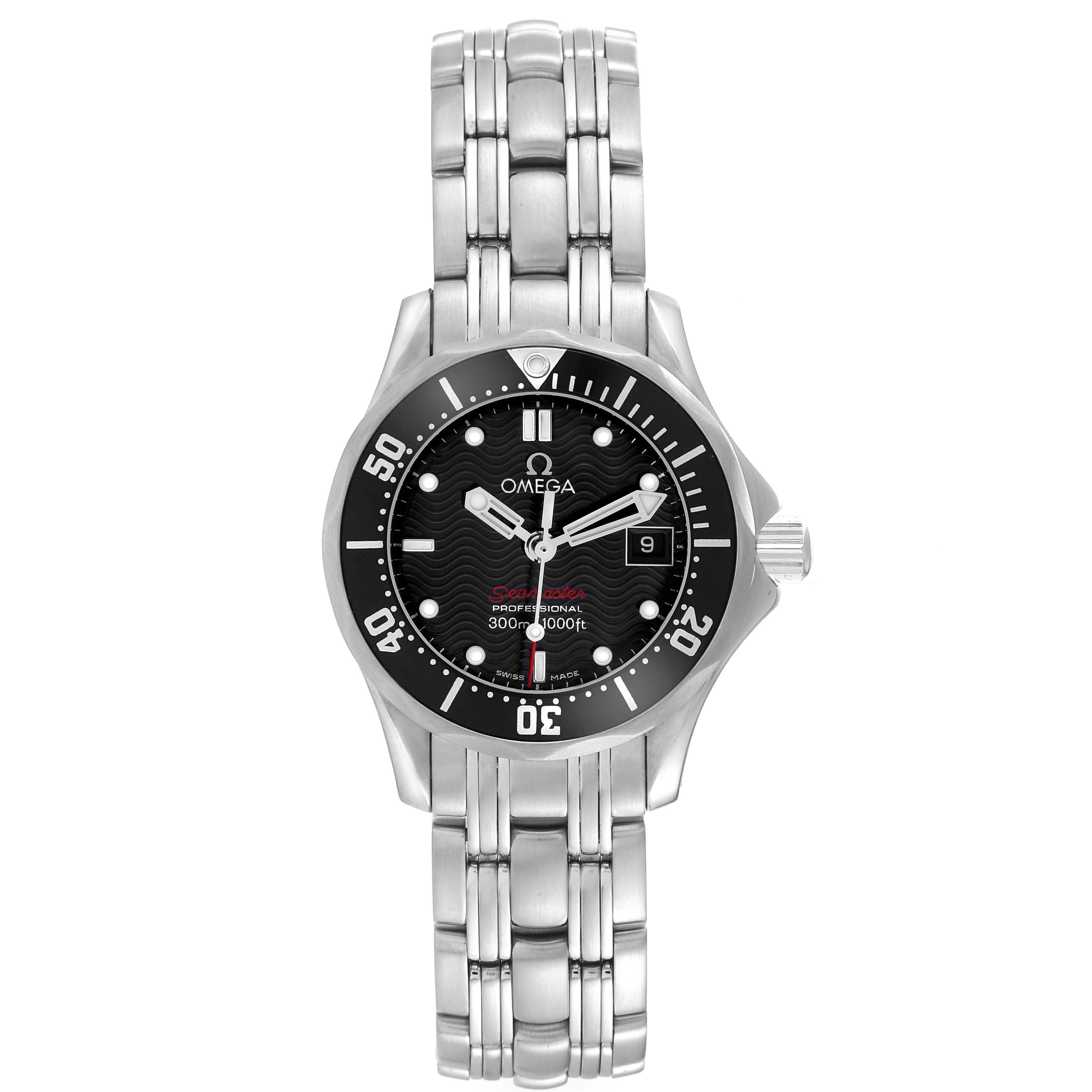 The Omega 212.30.28.61.01.001 Women
s Stainless Steel Black Dial Seamaster Diver 300M watch is shown from the front, displaying the face, bezel, and bracelet.