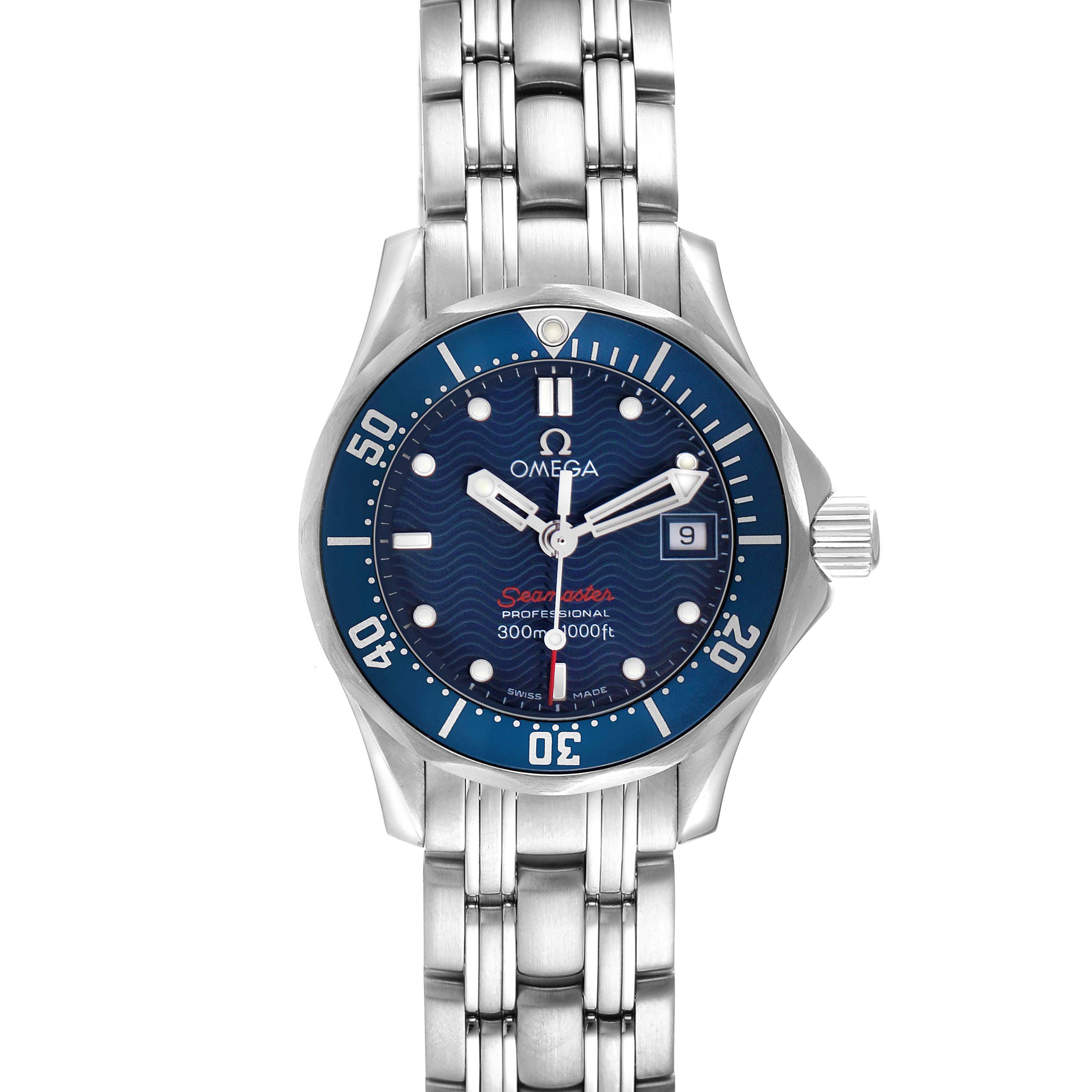 The Omega 2224.80.00 Women
s Stainless Steel Blue Dial Seamaster Diver 300M 2224.80.00 is shown from a top view, displaying the blue dial, bezel, and part of the steel bracelet.