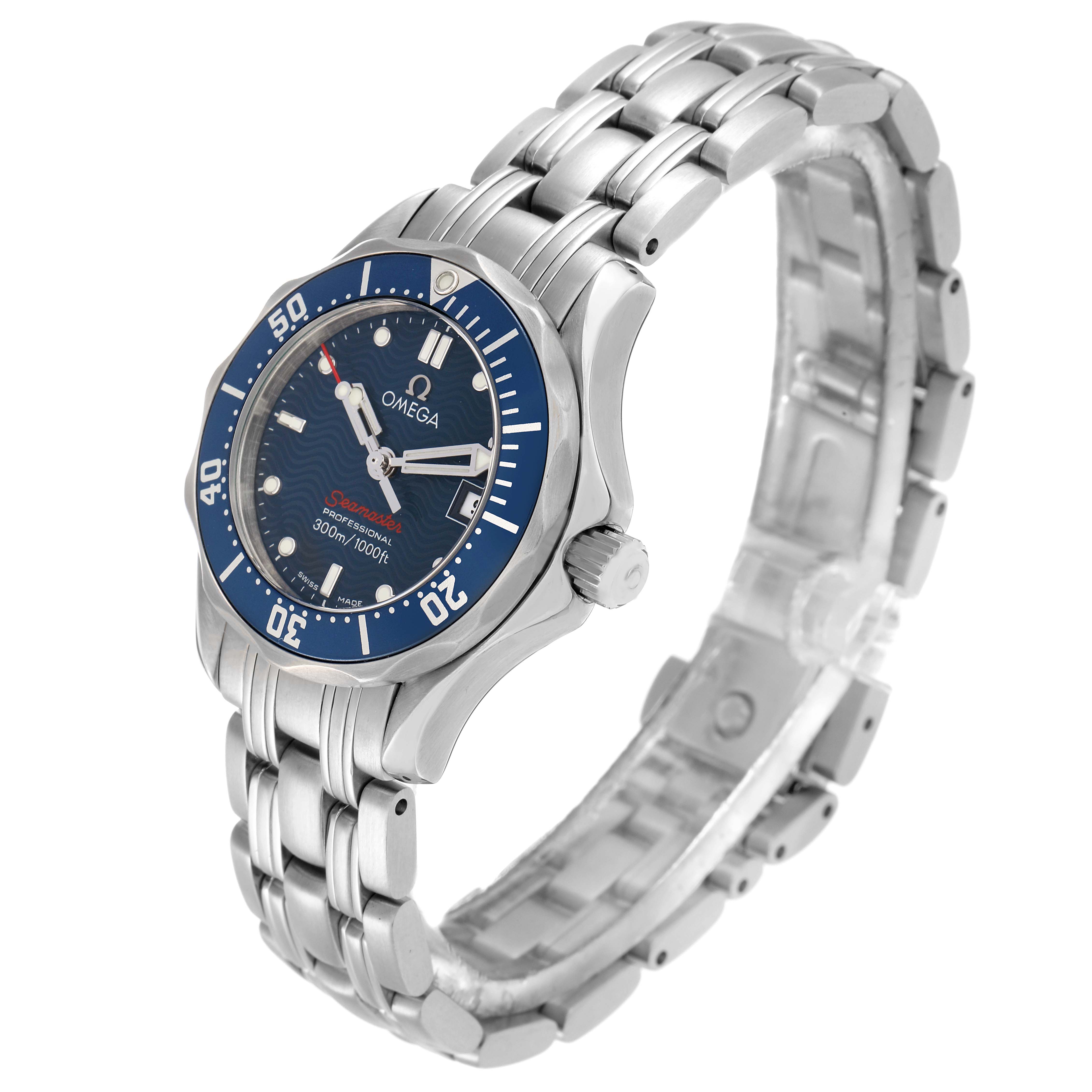 The Omega 2224.80.00 Women
s Stainless Steel Blue Dial Seamaster Diver 300M 28mm shows a three-quarter side view highlighting its blue dial, bezel, crown, and steel bracelet.