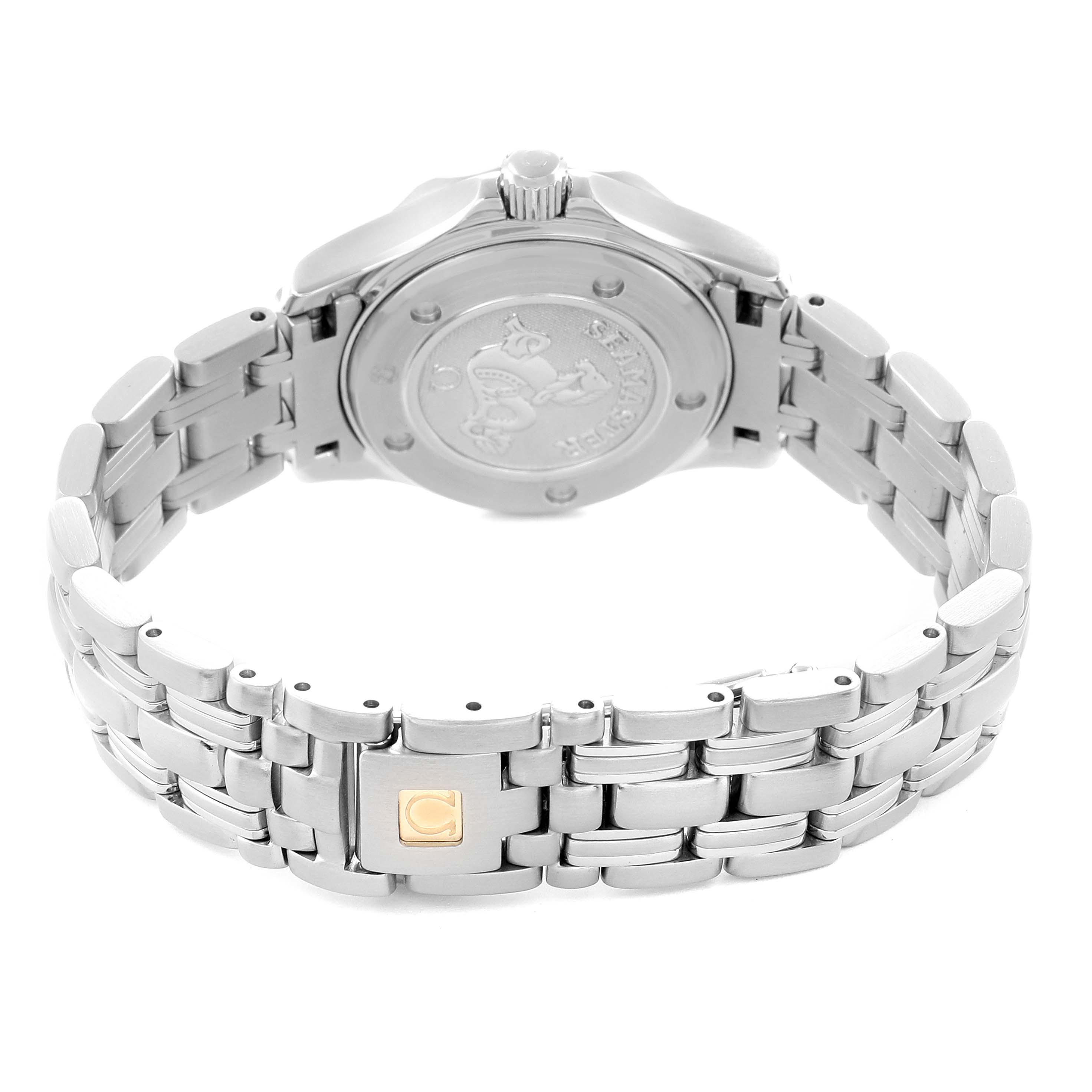 The image shows the Omega 2224.80.00 Women
s Stainless Steel Blue Dial Seamaster Diver 300M 28mm 2224.80.00 from a rear angle, highlighting the case back and bracelet.