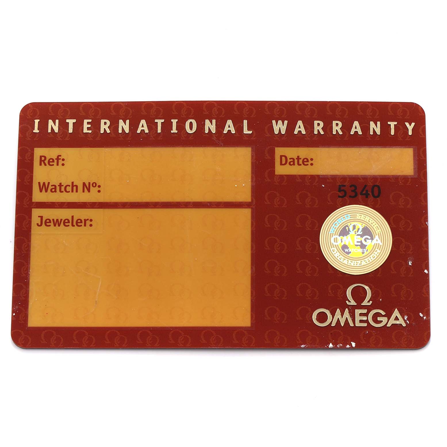 The image shows an Omega Seamaster 2254.50.00 Men
s Stainless Steel Black Dial
s International Warranty card, featuring spaces for reference, watch number, jeweler, and date.