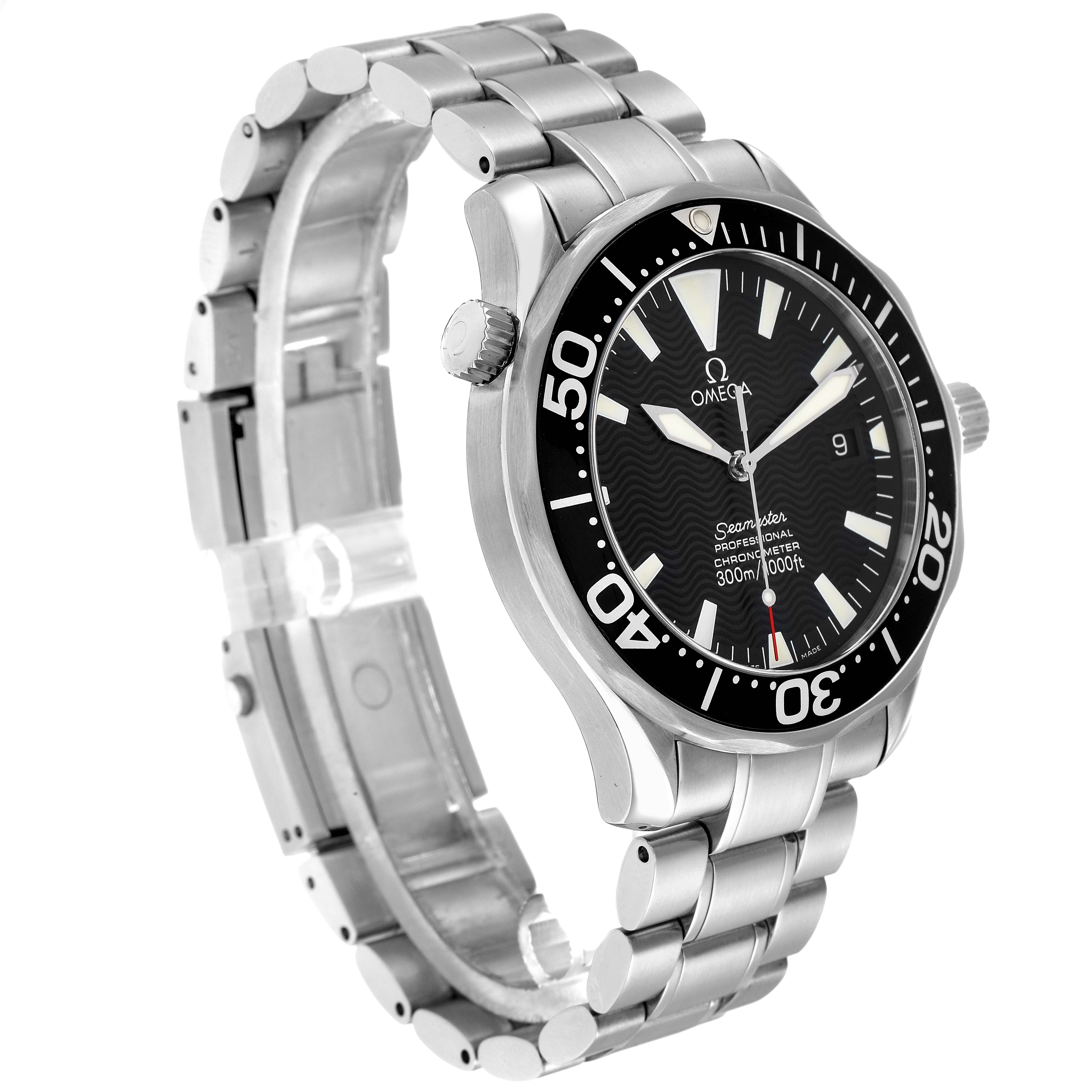 The Omega Seamaster 2254.50.00 Men
s Stainless Steel Black Dial watch is shown at a three-quarter angle, displaying the bezel, crown, dial, and metal bracelet.