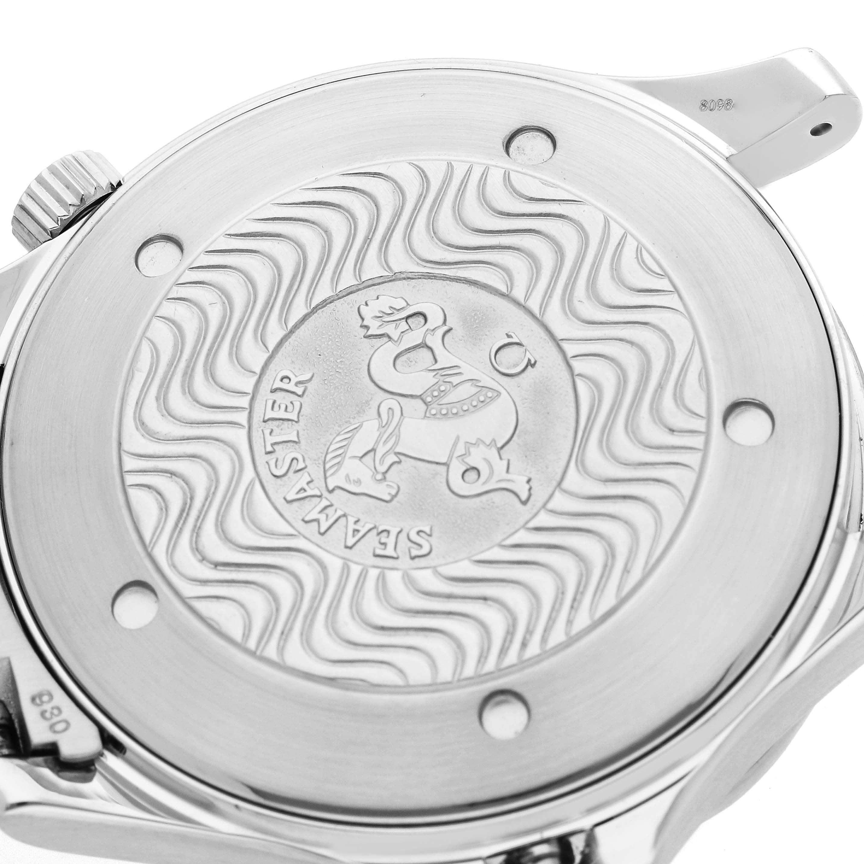 The image shows the case back of an Omega Seamaster 2254.50.00 Men
s Stainless Steel Black Dial, highlighting its engraved design and crown.