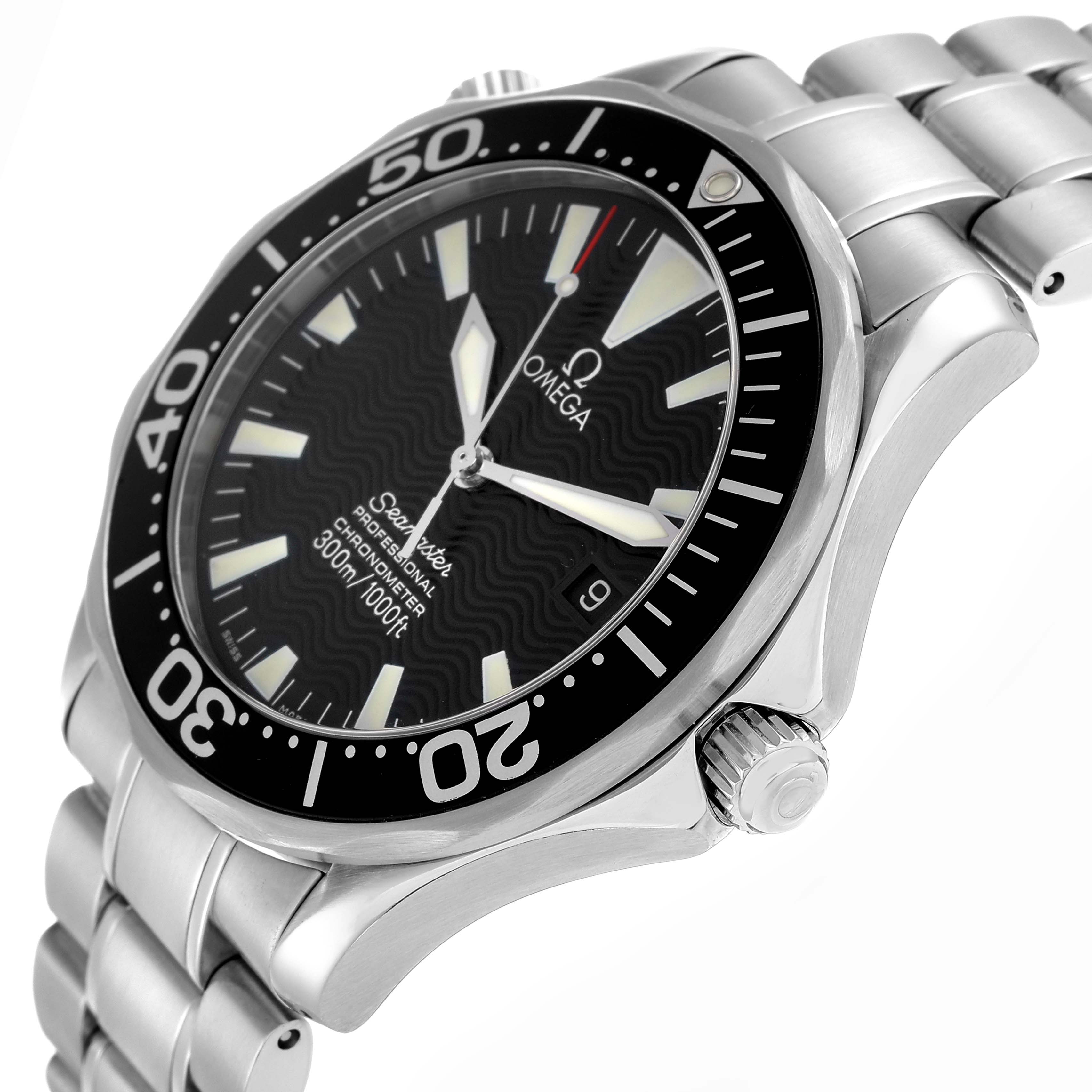 The Omega Seamaster 2254.50.00 Men
s Stainless Steel Black Dial is shown in a side angle, displaying its bezel, crown, bracelet, and dial.