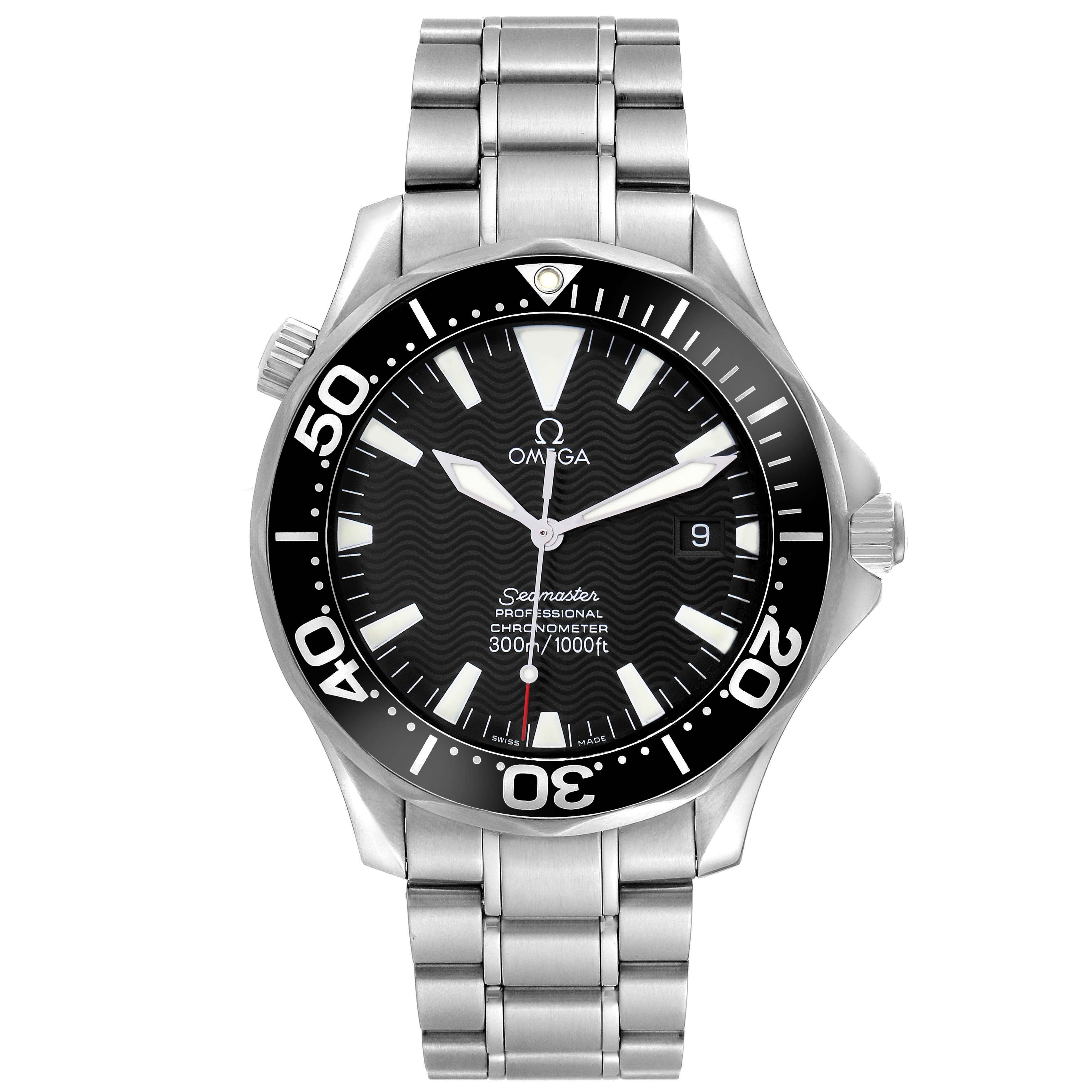 The Omega Seamaster 2254.50.00 Men
s Stainless Steel Black Dial watch is shown from a front angle, displaying the dial, bezel, and bracelet.