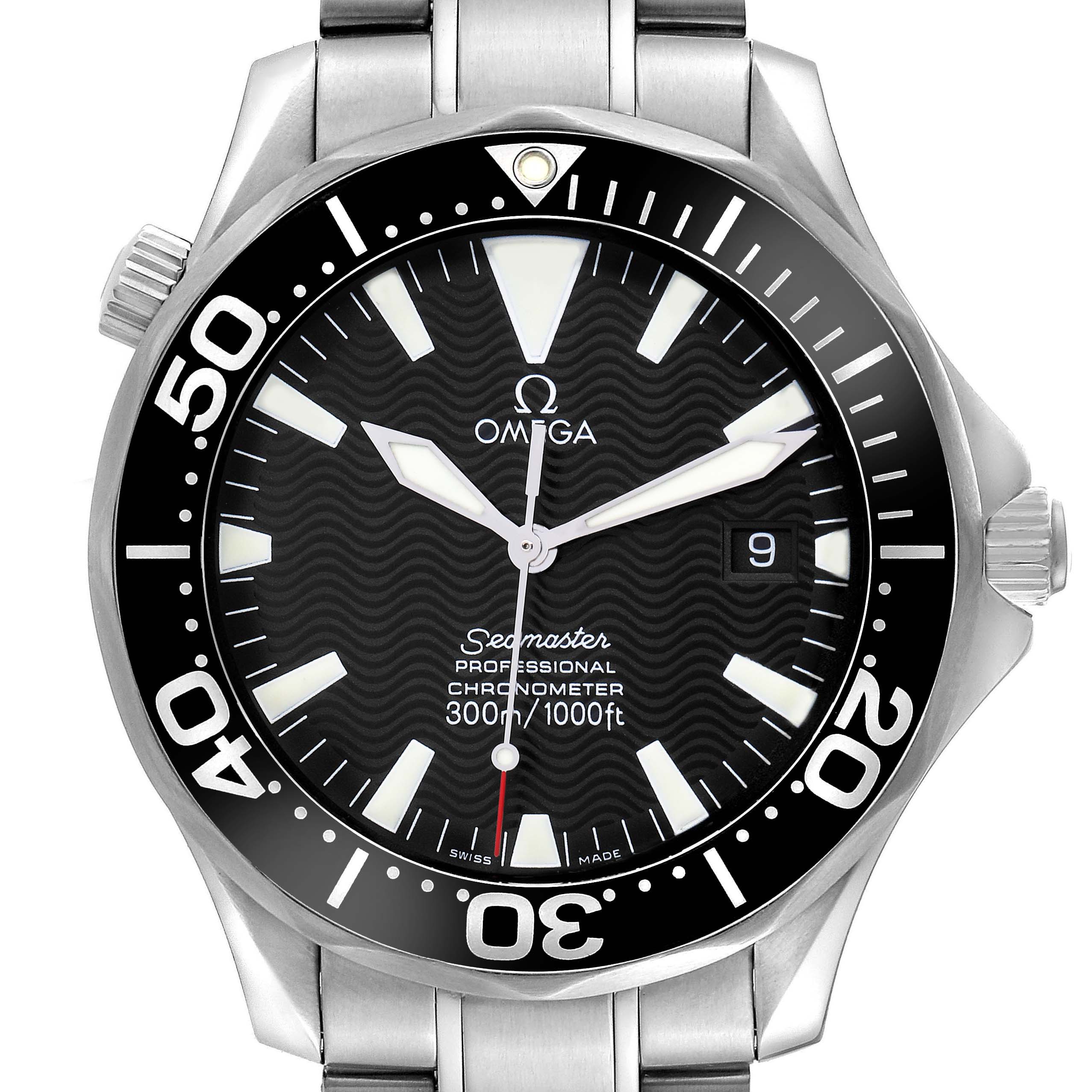 The Omega Seamaster 2254.50.00 Men
s Stainless Steel Black Dial watch is shown from a front angle highlighting the black dial, rotating bezel, hands, and bracelet.
