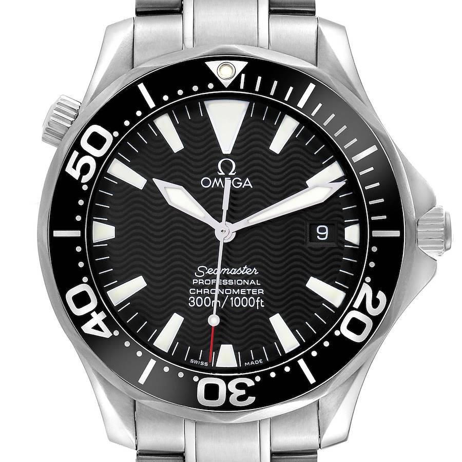 The Omega Seamaster 2254.50.00 Men's Stainless Steel Black Dial watch is shown from a front angle highlighting the black dial, rotating bezel, hands, and bracelet.