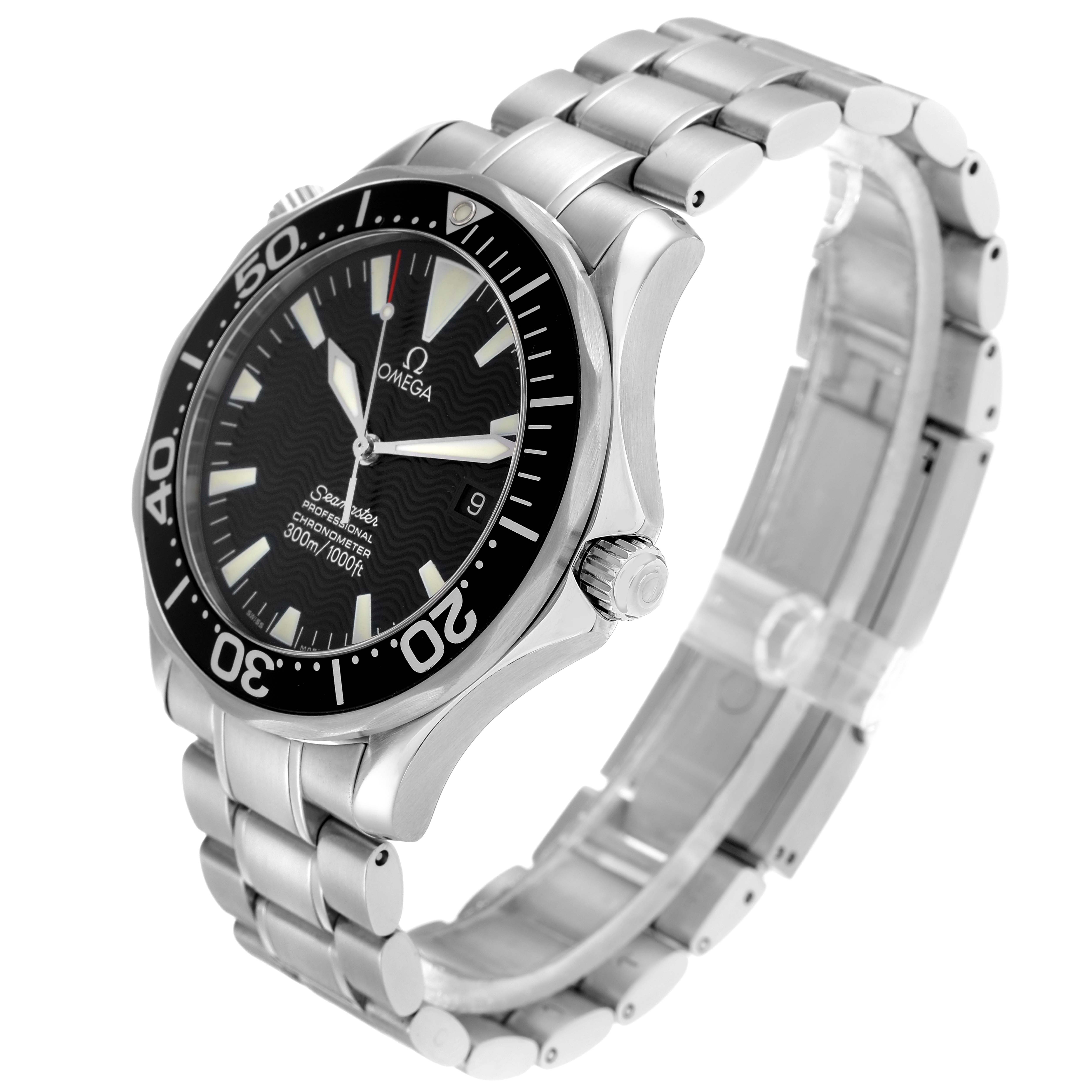 The Omega Seamaster 2254.50.00 Men
s Stainless Steel Black Dial watch is shown at a three-quarter angle, displaying the face, bezel, crown, and stainless steel bracelet.