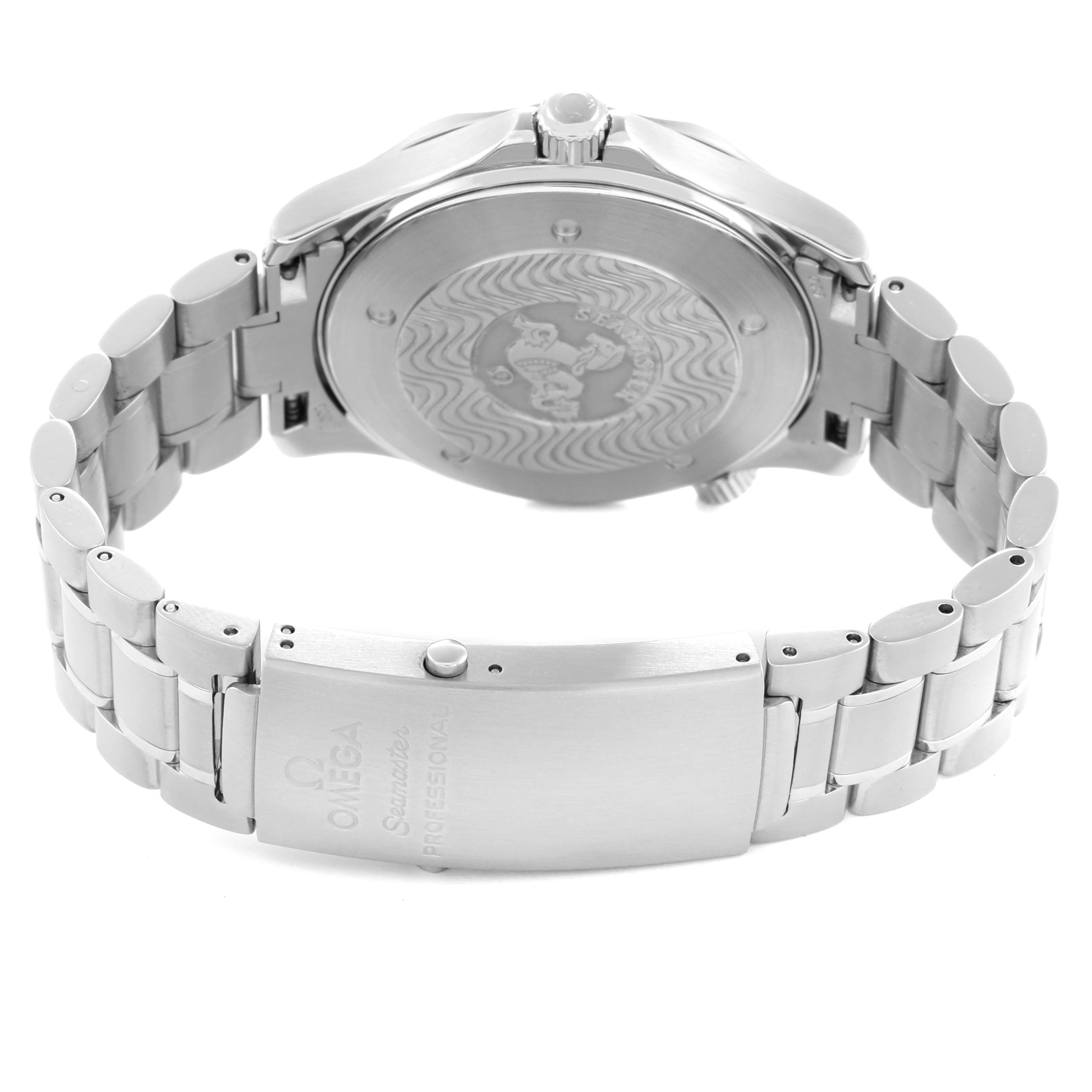 The image shows the back of the Omega Seamaster 2254.50.00 Men
s Stainless Steel Black Dial watch, displaying the case back and bracelet clasp.