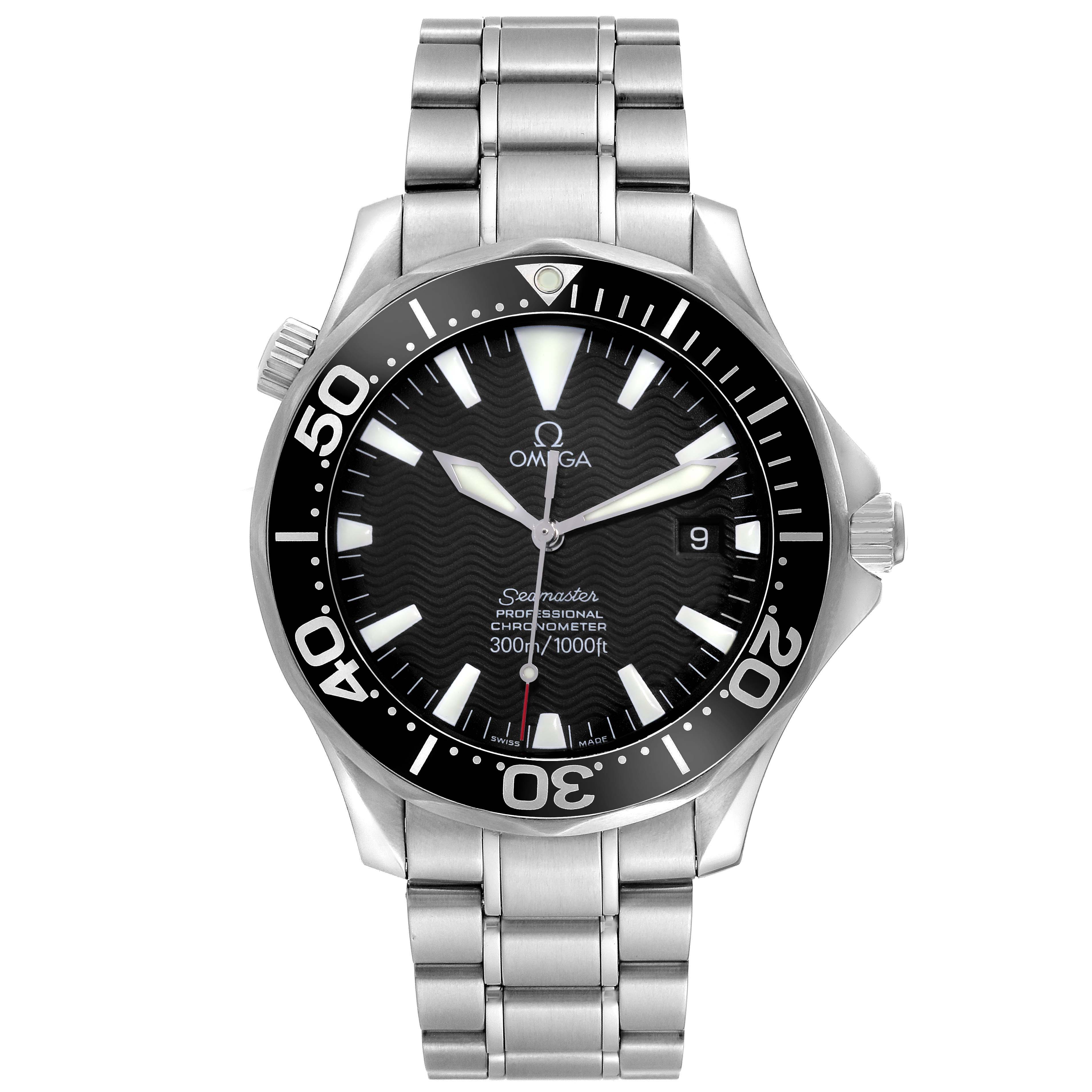The Omega Seamaster 2254.50.00 Men
s Stainless Steel Black Dial watch is shown from the front, highlighting the dial, bezel, crown, and stainless steel bracelet.