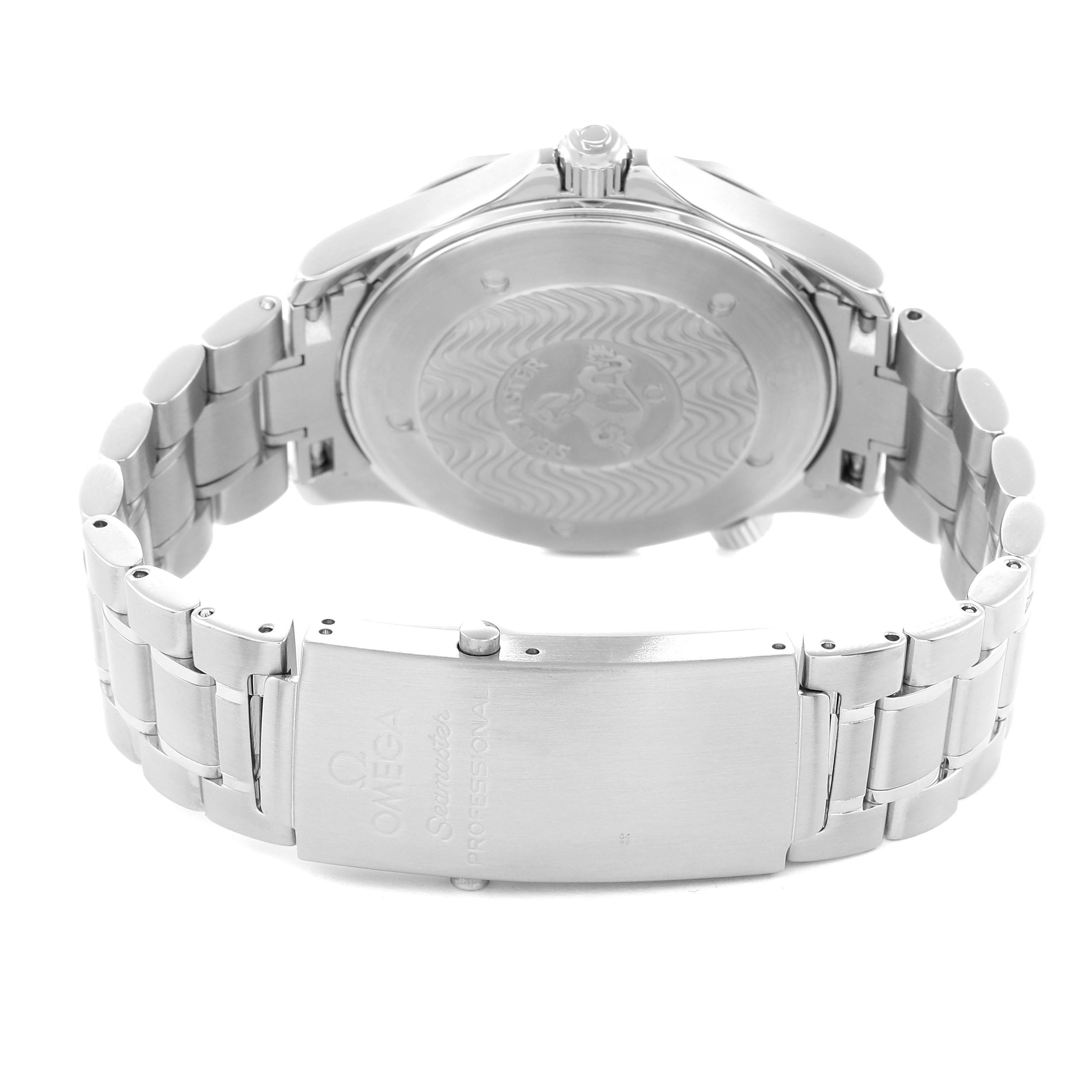 The Omega Seamaster 2254.50.00 Men
s Stainless Steel Black Dial watch is shown from the back, highlighting its case back and stainless steel bracelet with a visible clasp.