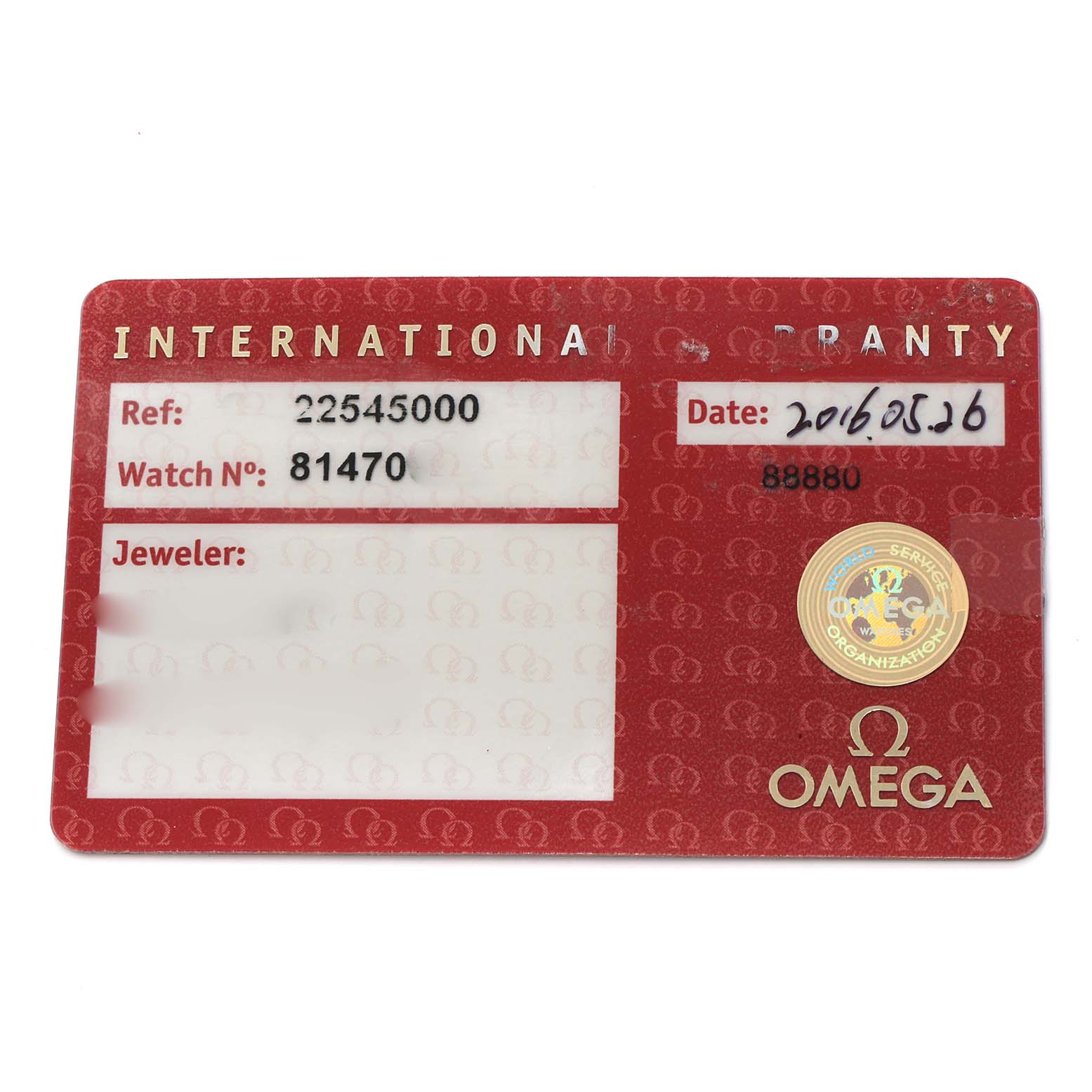 The image shows an Omega Seamaster 2254.50.00 Men
s Stainless Steel Black Dial warranty card featuring reference numbers and a date.