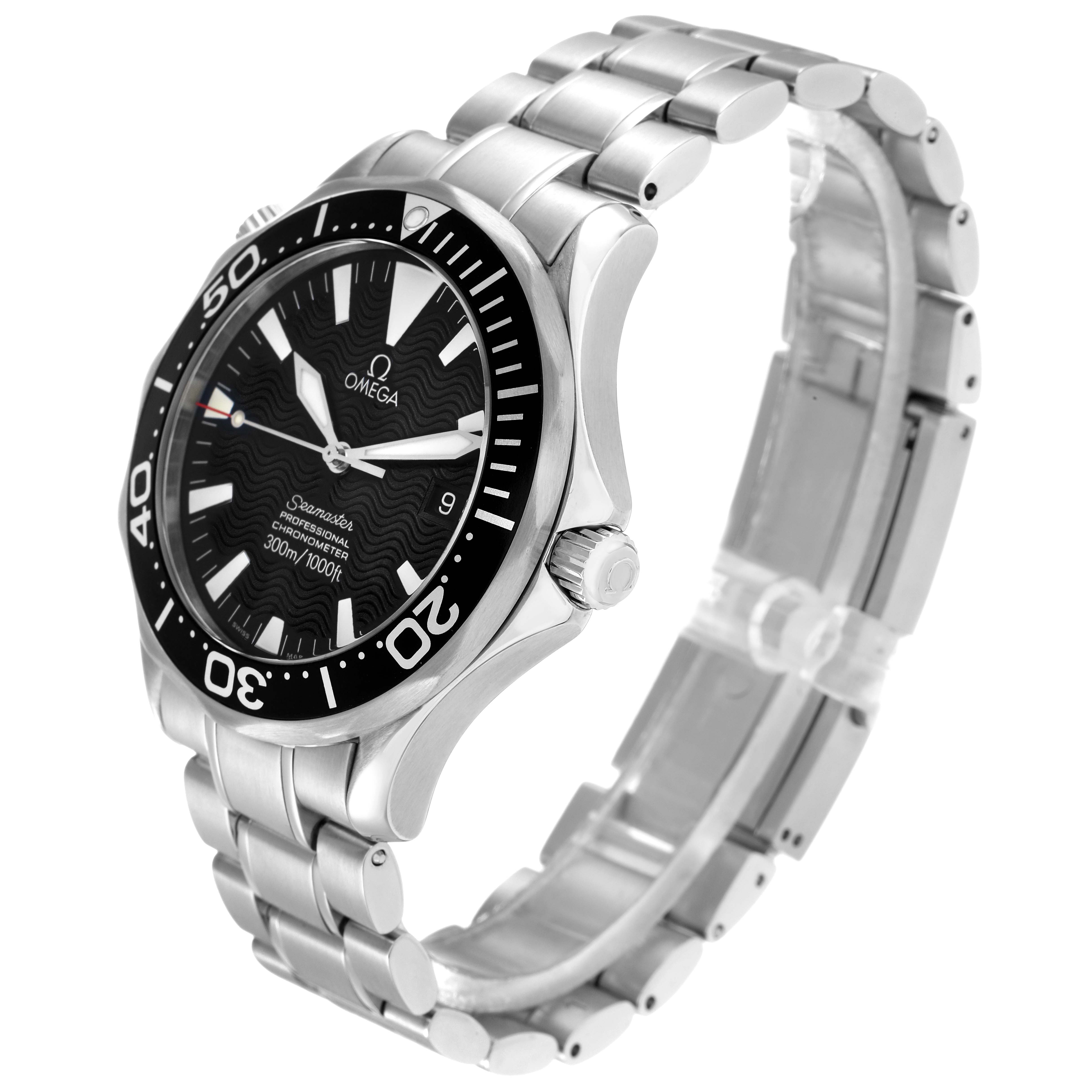 The Omega Seamaster 2254.50.00 Men
s Stainless Steel Black Dial watch is shown at a three-quarter angle, highlighting the face, bezel, and bracelet.