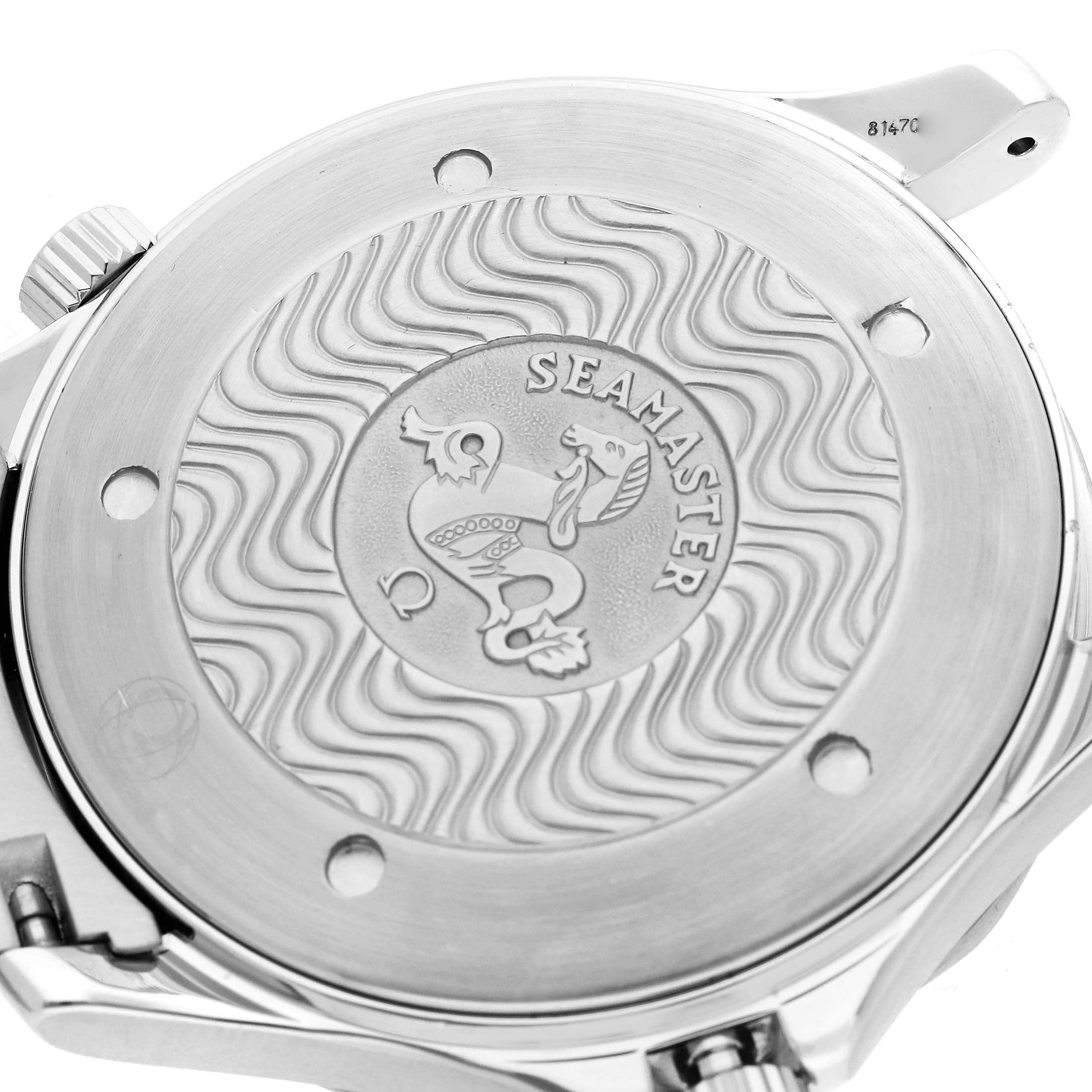 The image shows the back case of the Omega Seamaster 2254.50.00 Men
s Stainless Steel Black Dial watch, featuring its engraved design.