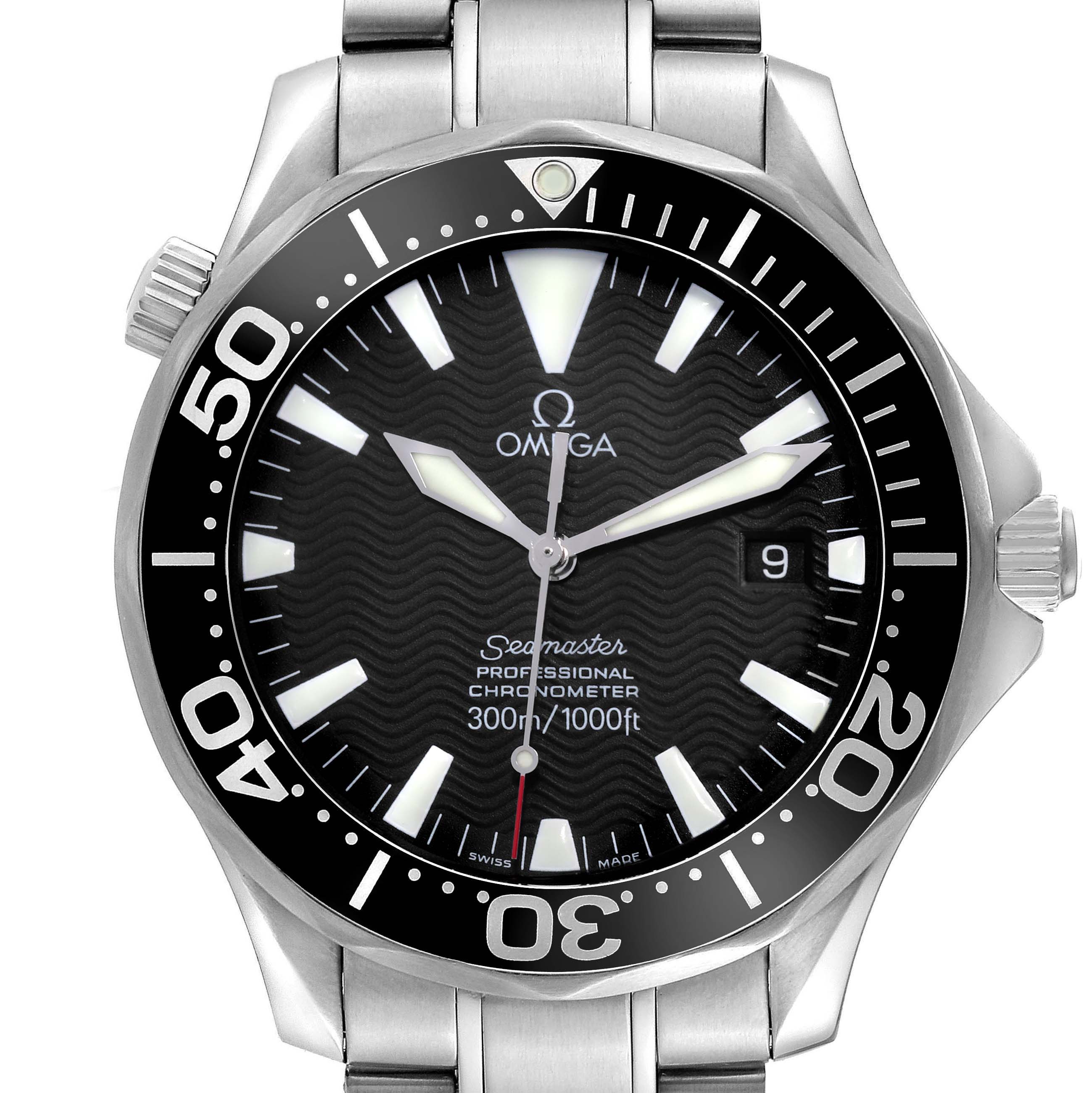The Omega Seamaster 2254.50.00 Men
s Stainless Steel Black Dial watch is shown from a front angle, displaying the dial, hands, bezel, and part of the stainless steel bracelet.