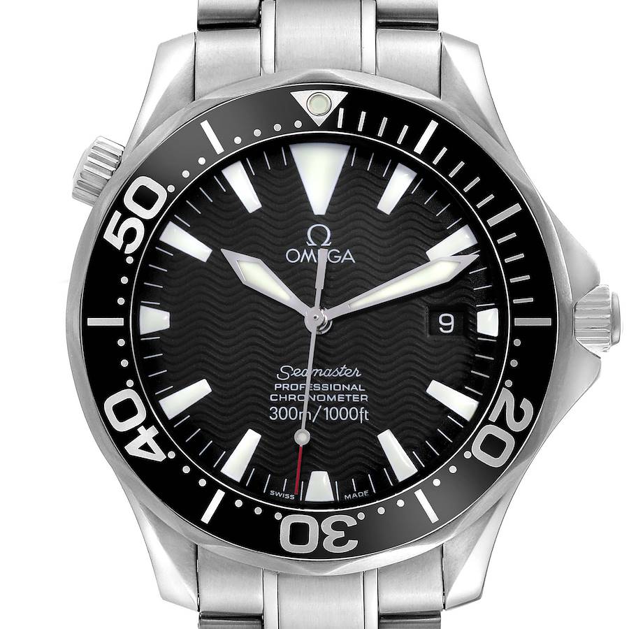 The Omega Seamaster 2254.50.00 Men's Stainless Steel Black Dial watch is shown from a front angle, displaying the dial, hands, bezel, and part of the stainless steel bracelet.