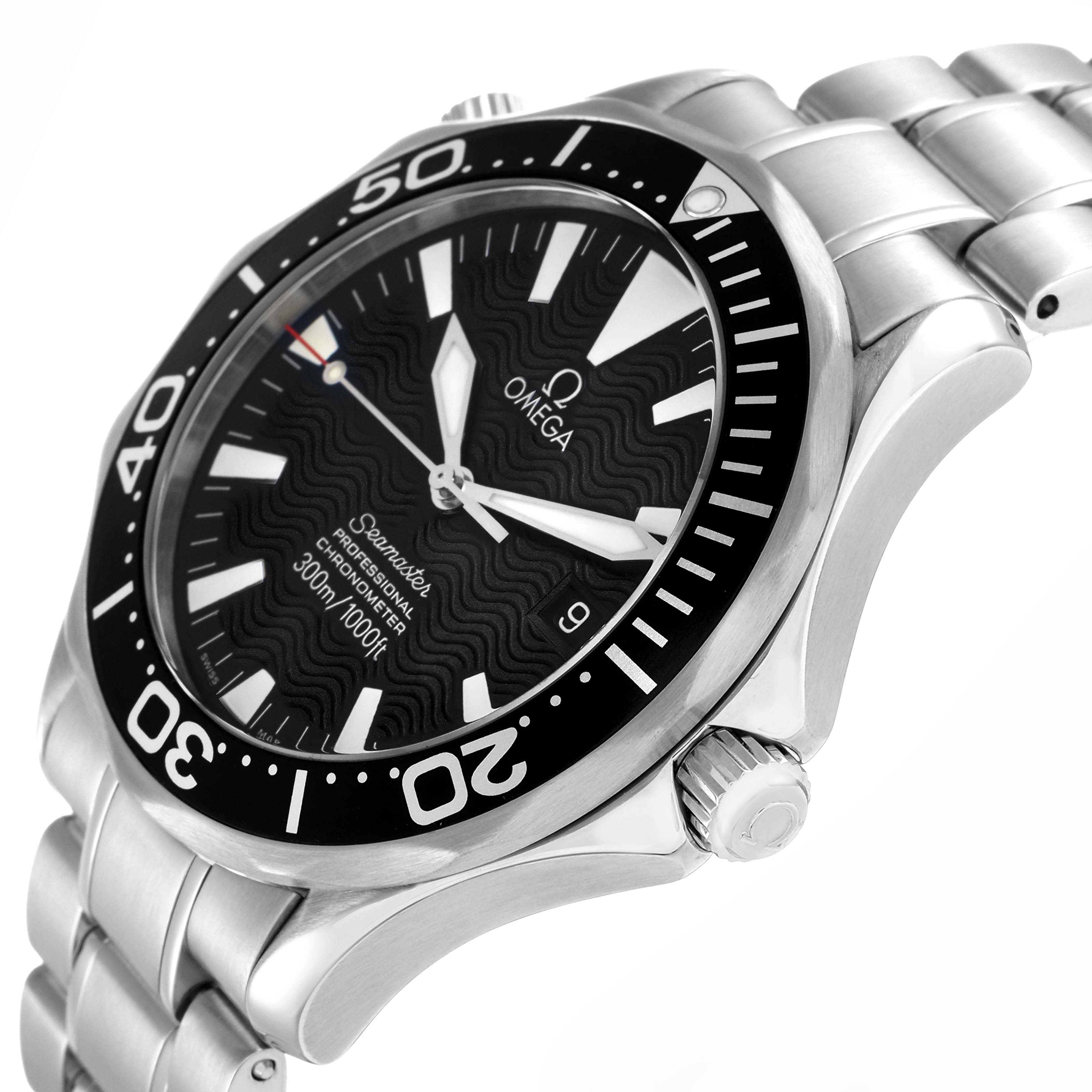 The Omega Seamaster 2254.50.00 Men
s Stainless Steel Black Dial watch is shown at an angle highlighting the bezel, dial, crown, and part of the bracelet.