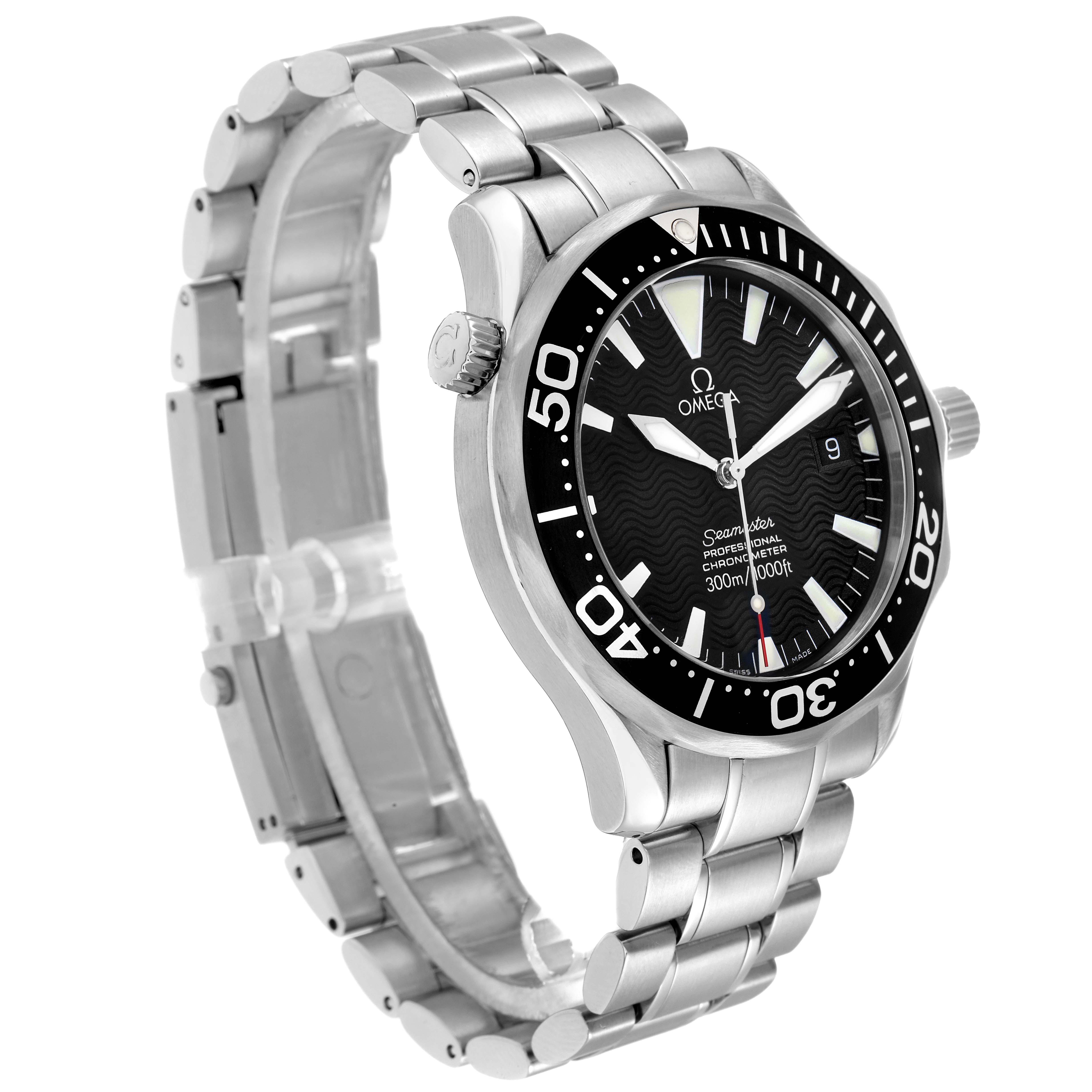 The Omega Seamaster 2254.50.00 Men
s Stainless Steel Black Dial watch is shown at a slight angle, displaying the bracelet, bezel, crown, and black dial with white markers.