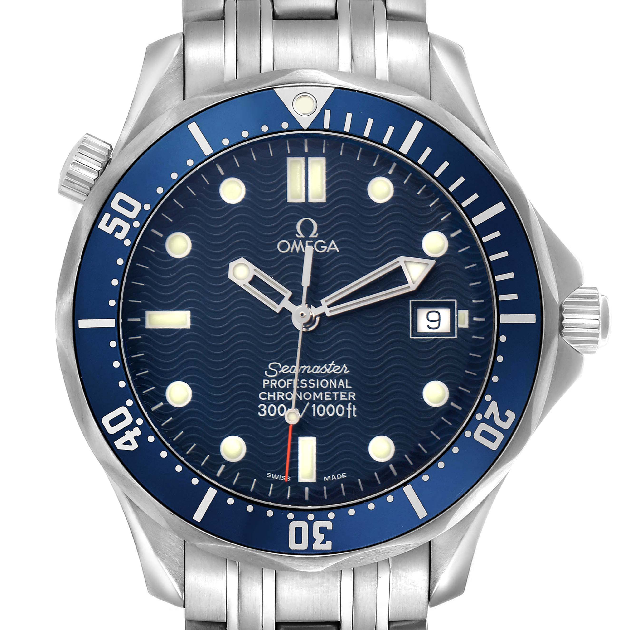 The Omega Seamaster 2531.80.00 Men
s Stainless Steel Blue Dial watch is shown from a front angle, displaying the full dial, bezel, and bracelet.