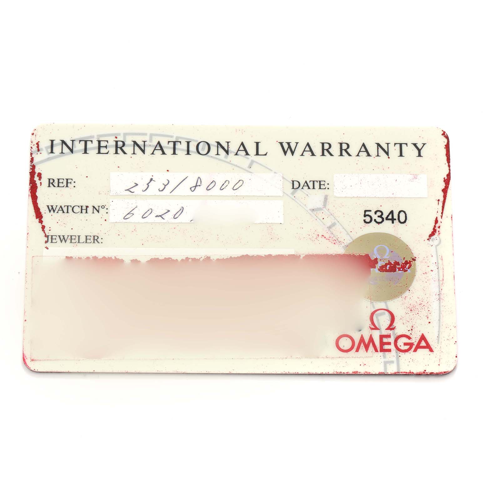 The image shows an Omega Seamaster 2531.80.00 Men
s Stainless Steel Blue Dial International Warranty card with reference and watch numbers.