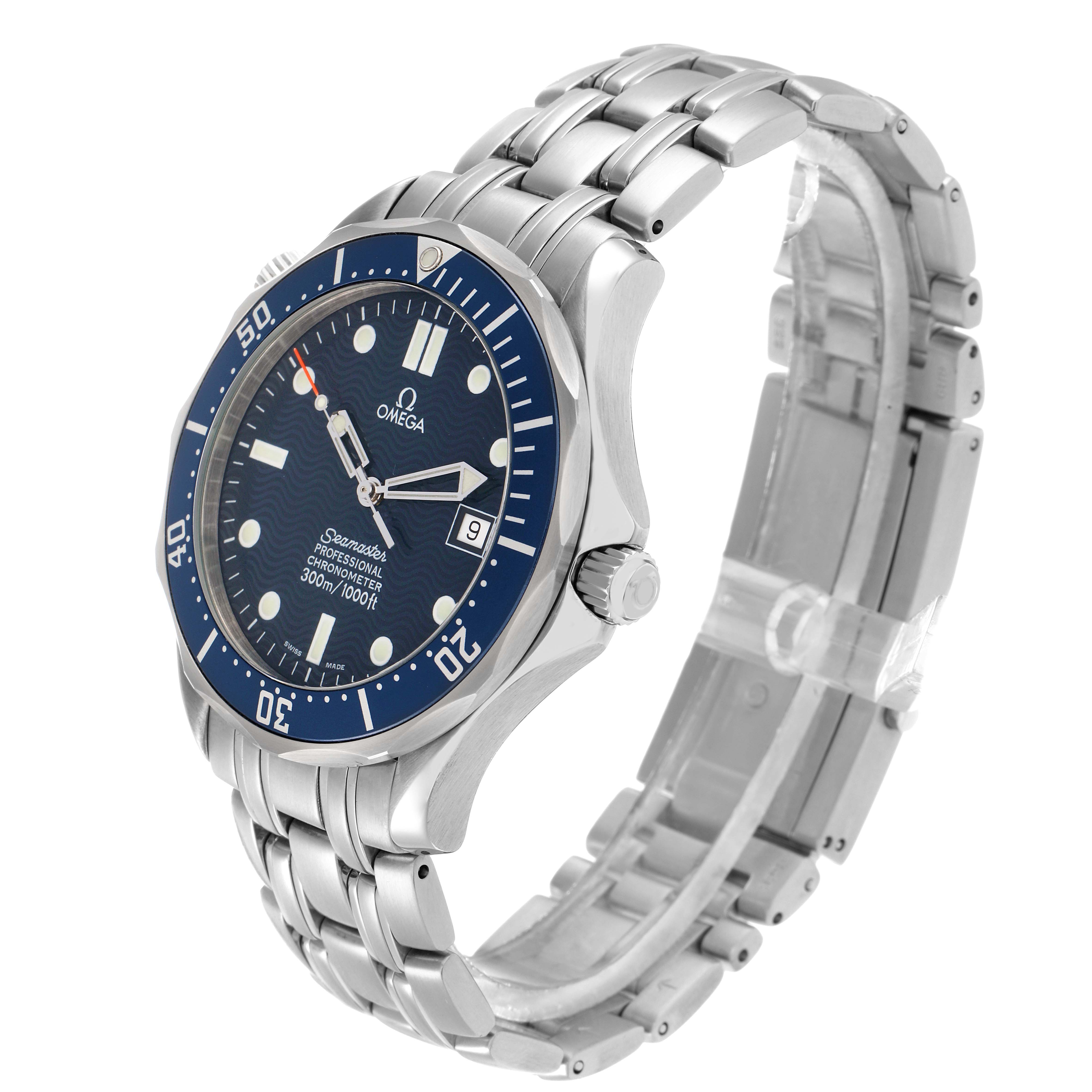 The Omega Seamaster 2531.80.00 Men
s Stainless Steel Blue Dial watch is shown at an angle displaying the face, bezel, crown, and stainless steel bracelet.