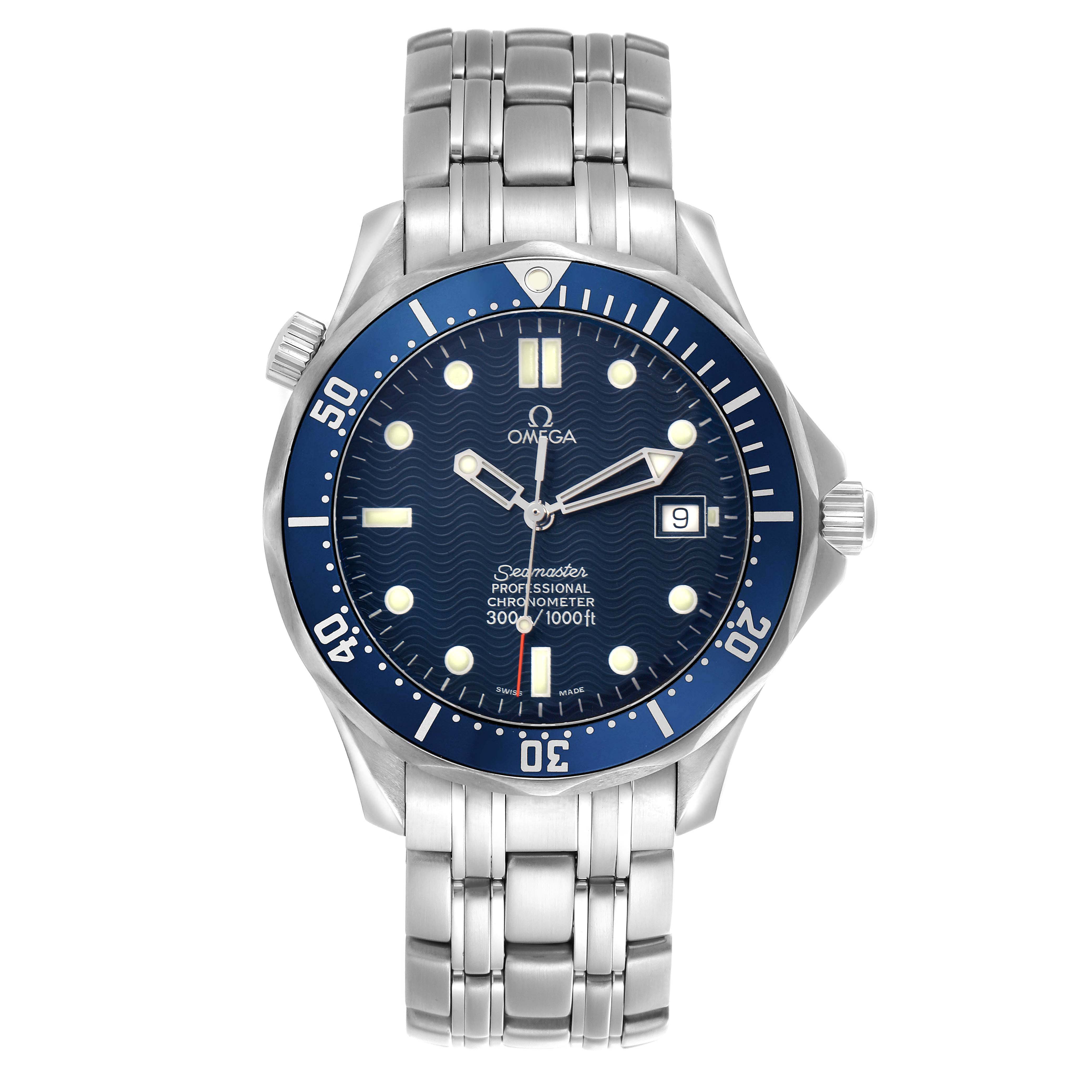 The Omega Seamaster 2531.80.00 Men
s Stainless Steel Blue Dial watch is shown from a front view, highlighting the dial, bezel, and bracelet.