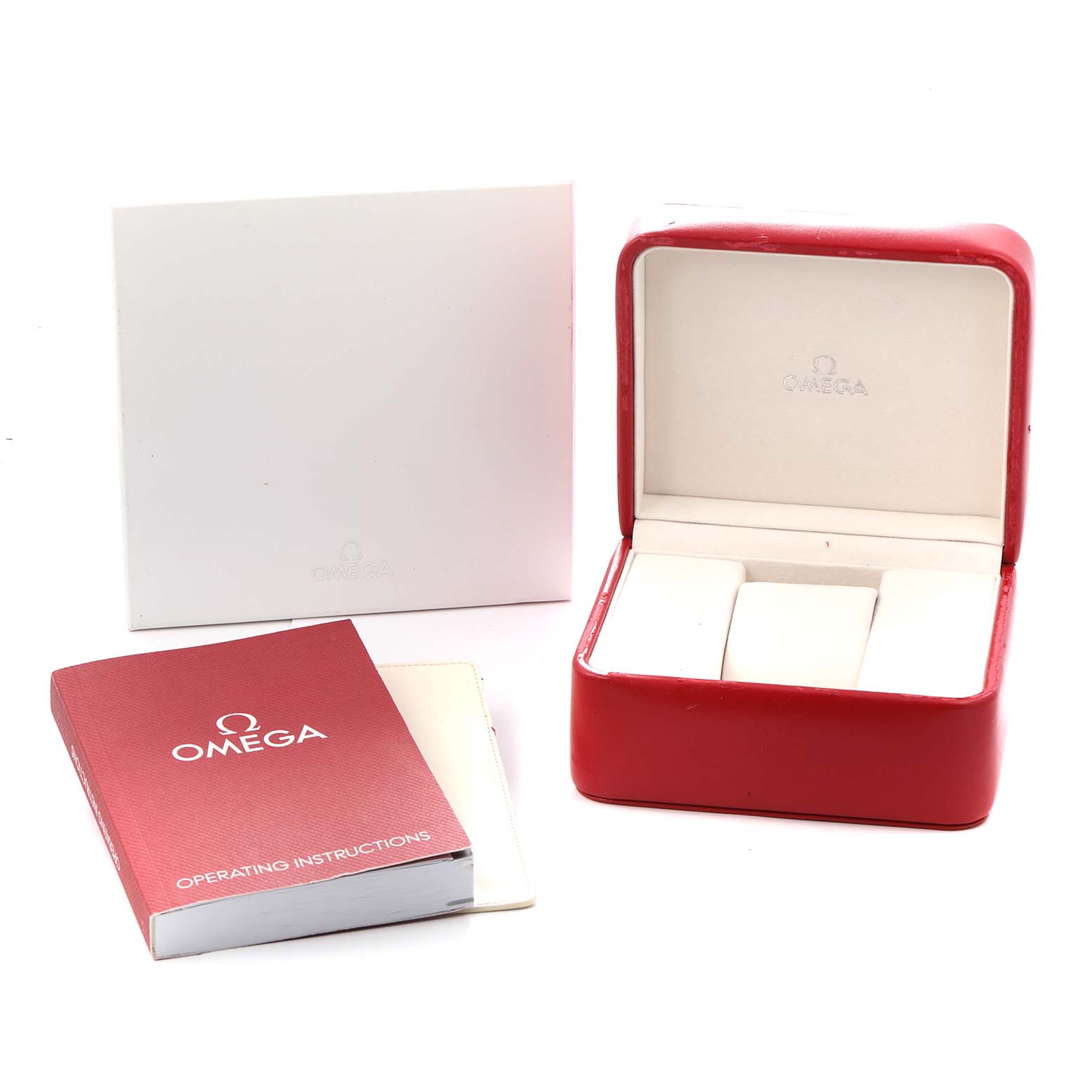 The image shows a red Omega Seamaster 212.30.44.52.01.001 Men's Stainless Steel Black Dial watch box, operating instructions, and outer packaging from a front angle.