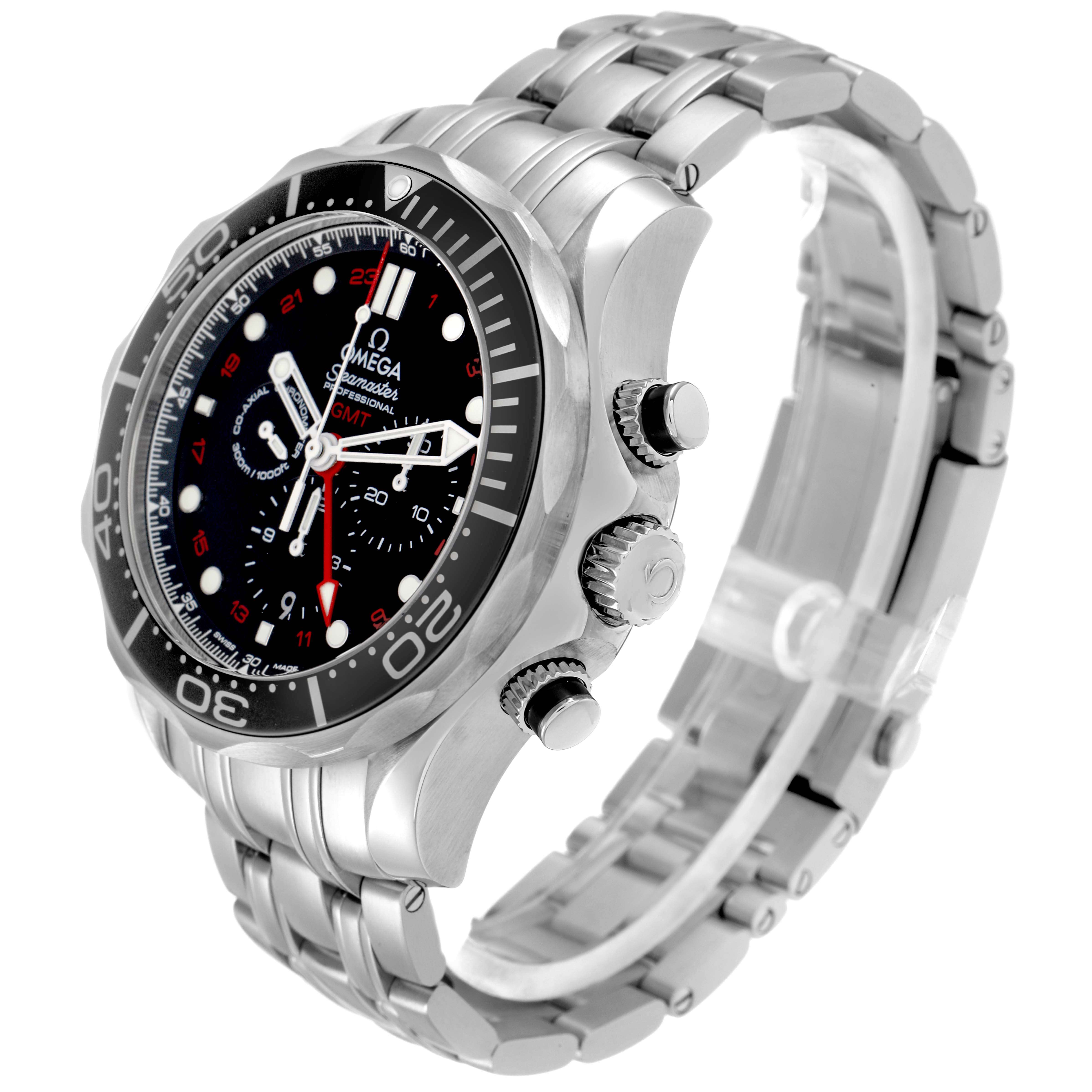 The Omega Seamaster 212.30.44.52.01.001 Men's Stainless Steel Black Dial watch is shown at a three-quarter angle, highlighting the face, bezel, side buttons, and stainless steel bracelet.