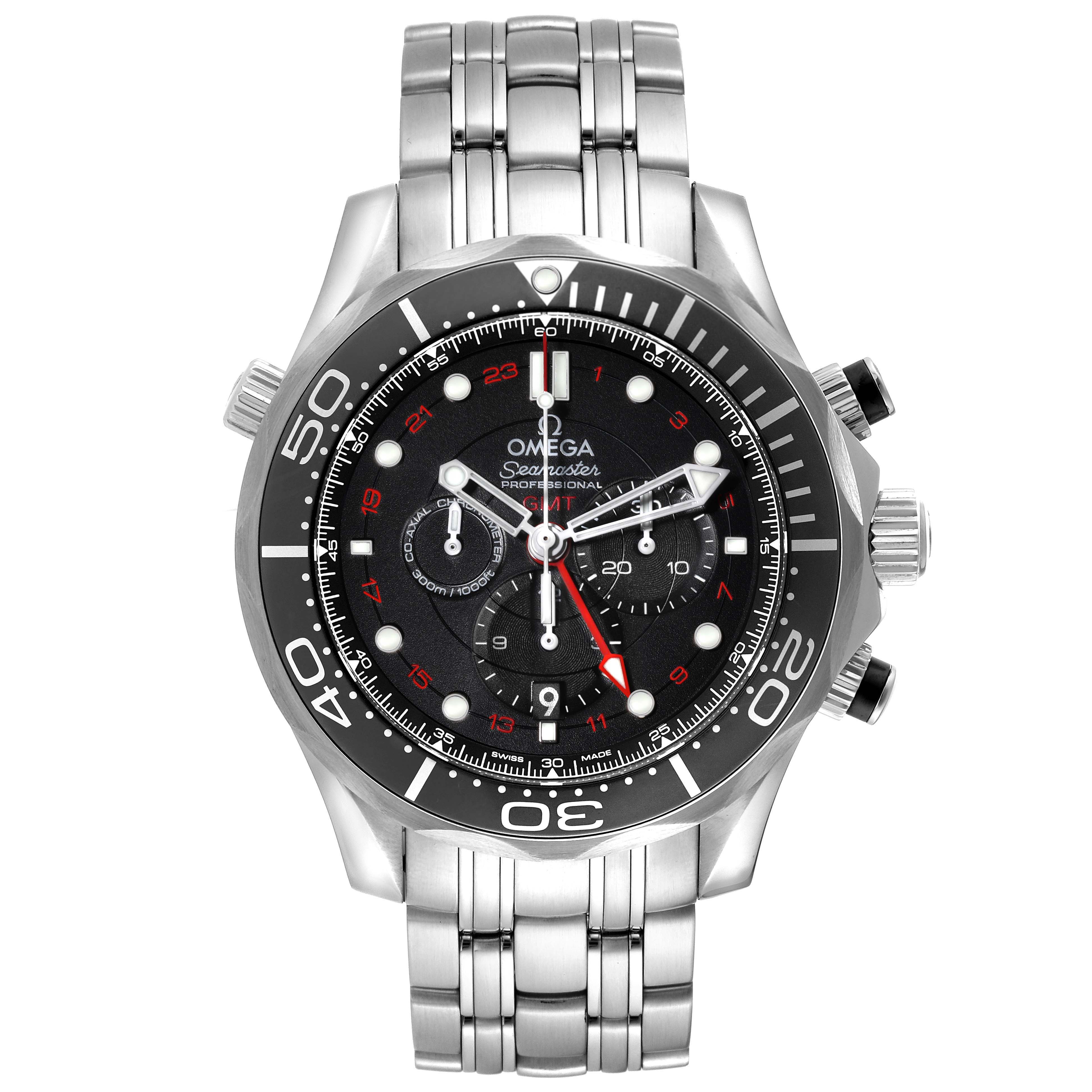 The Omega Seamaster 212.30.44.52.01.001 Men's Stainless Steel Black Dial watch is shown from a front angle, displaying its bezel, dial, chronograph, and stainless steel bracelet.