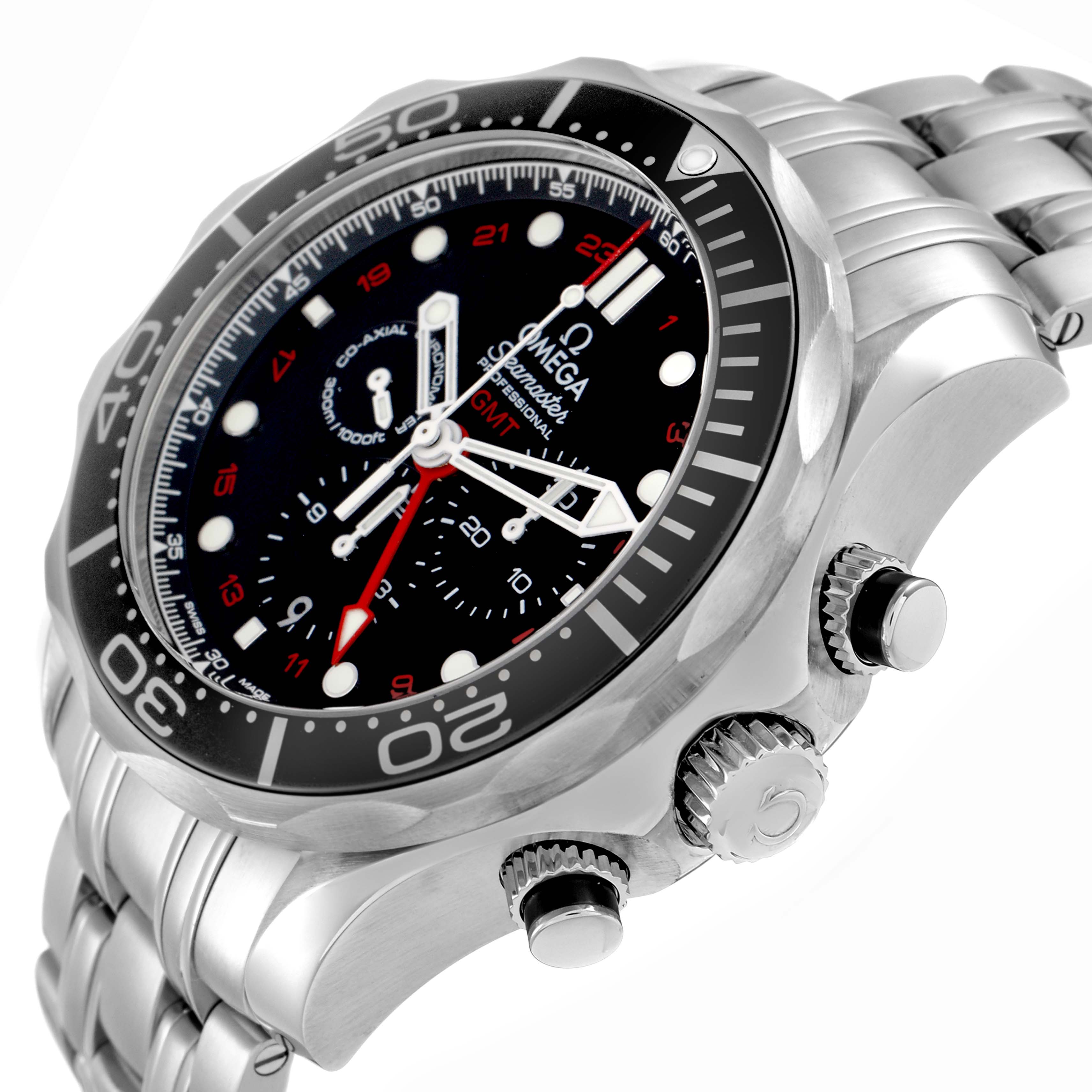 The Omega Seamaster 212.30.44.52.01.001 Men's Stainless Steel Black Dial watch is shown at a side angle, highlighting the bezel, dial, crown, pushers, and bracelet.