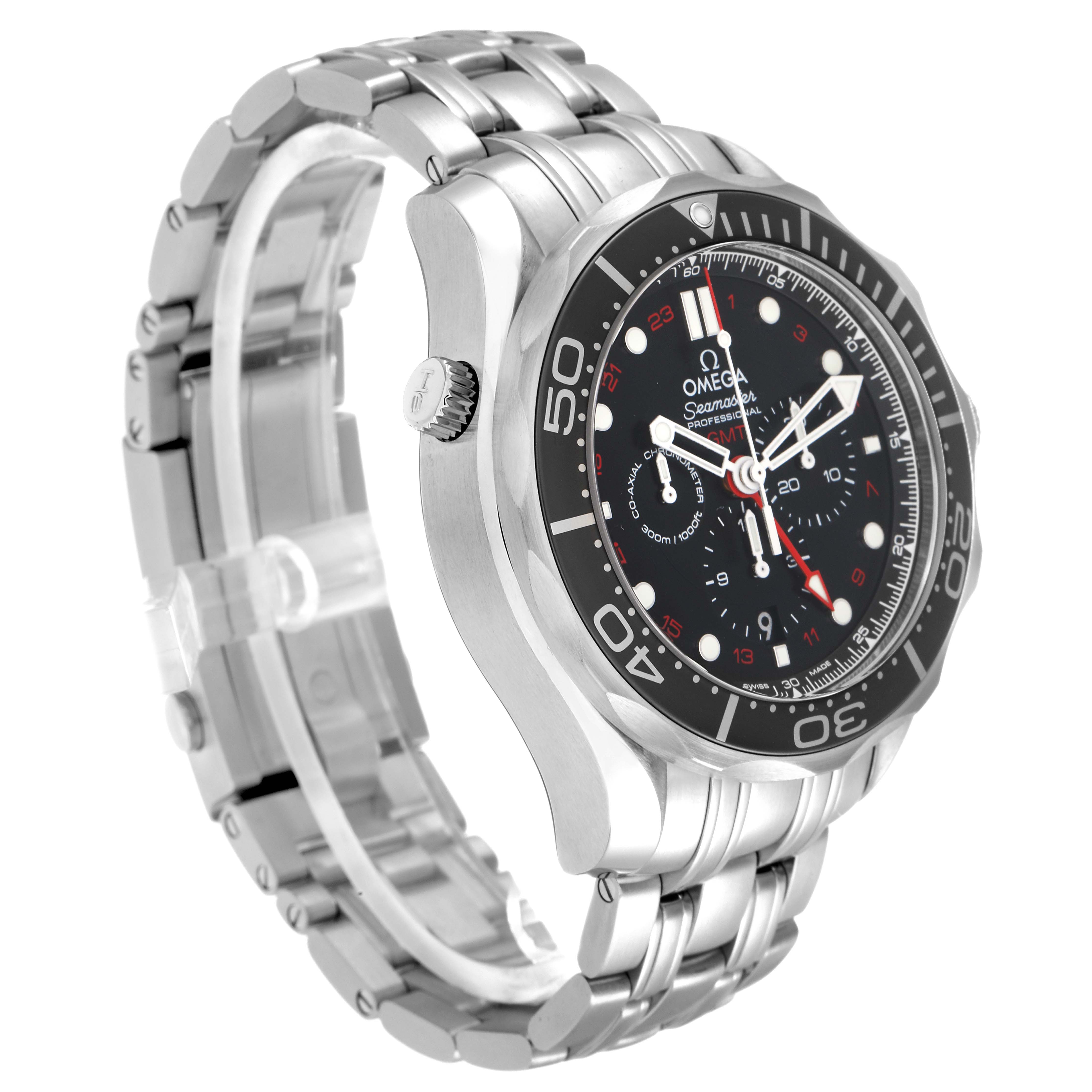 The Omega Seamaster 212.30.44.52.01.001 Men's Stainless Steel Black Dial watch is shown from an angled side view, highlighting the case, bezel, crown, and bracelet.