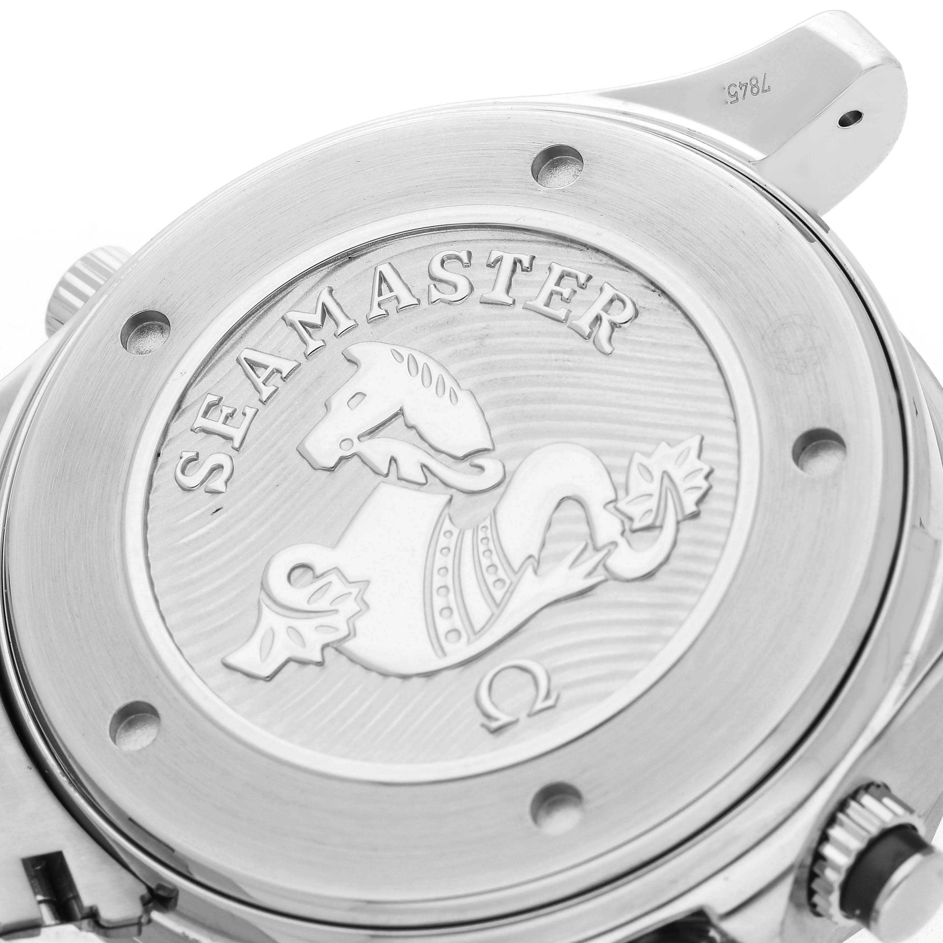 The image shows the back case of an Omega Seamaster 212.30.44.52.01.001 Men's Stainless Steel Black Dial watch, highlighting the engraved logo and branding.