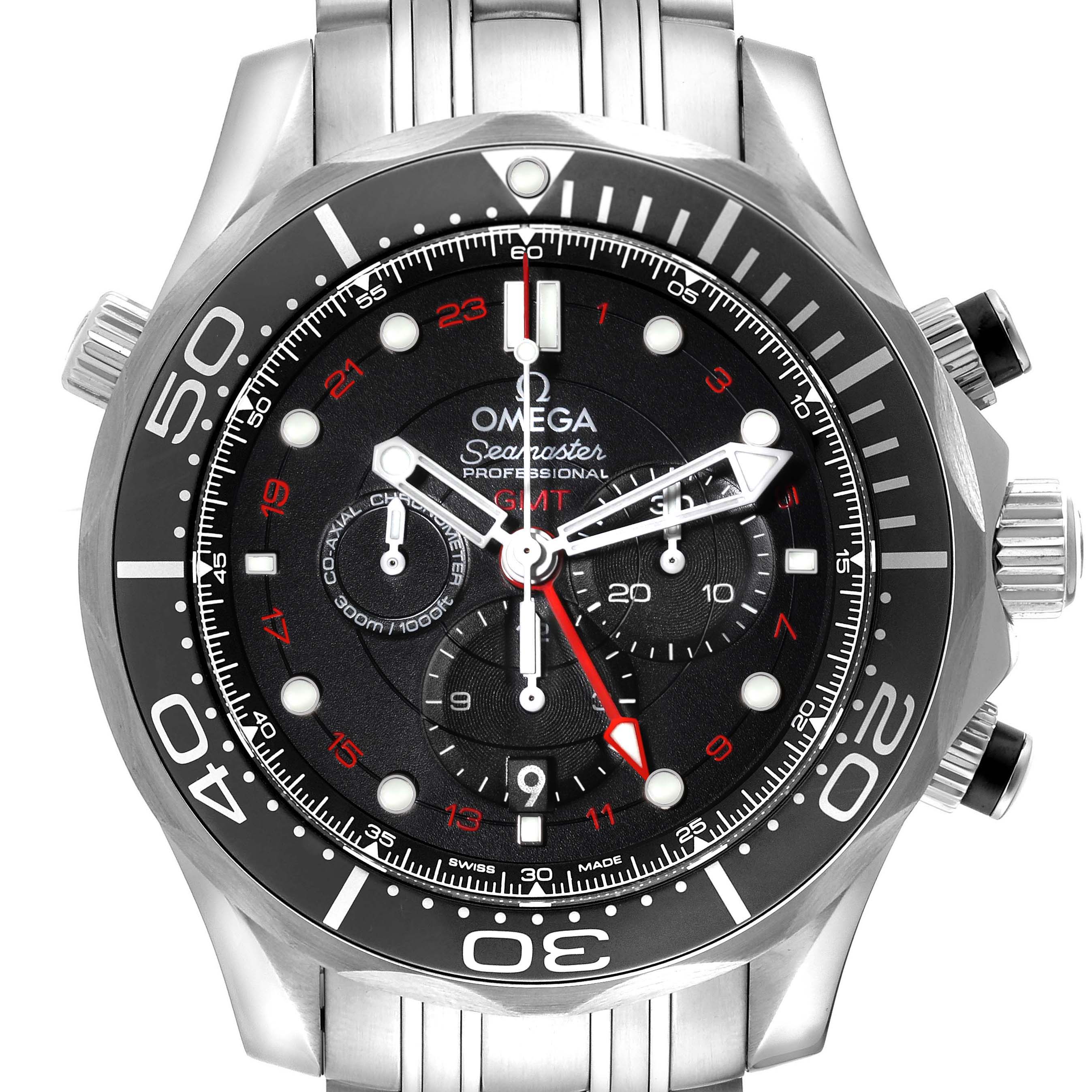 The Omega Seamaster 212.30.44.52.01.001 Men's Stainless Steel Black Dial watch is shown from a front angle, displaying the bezel, dial, and chronograph features clearly.