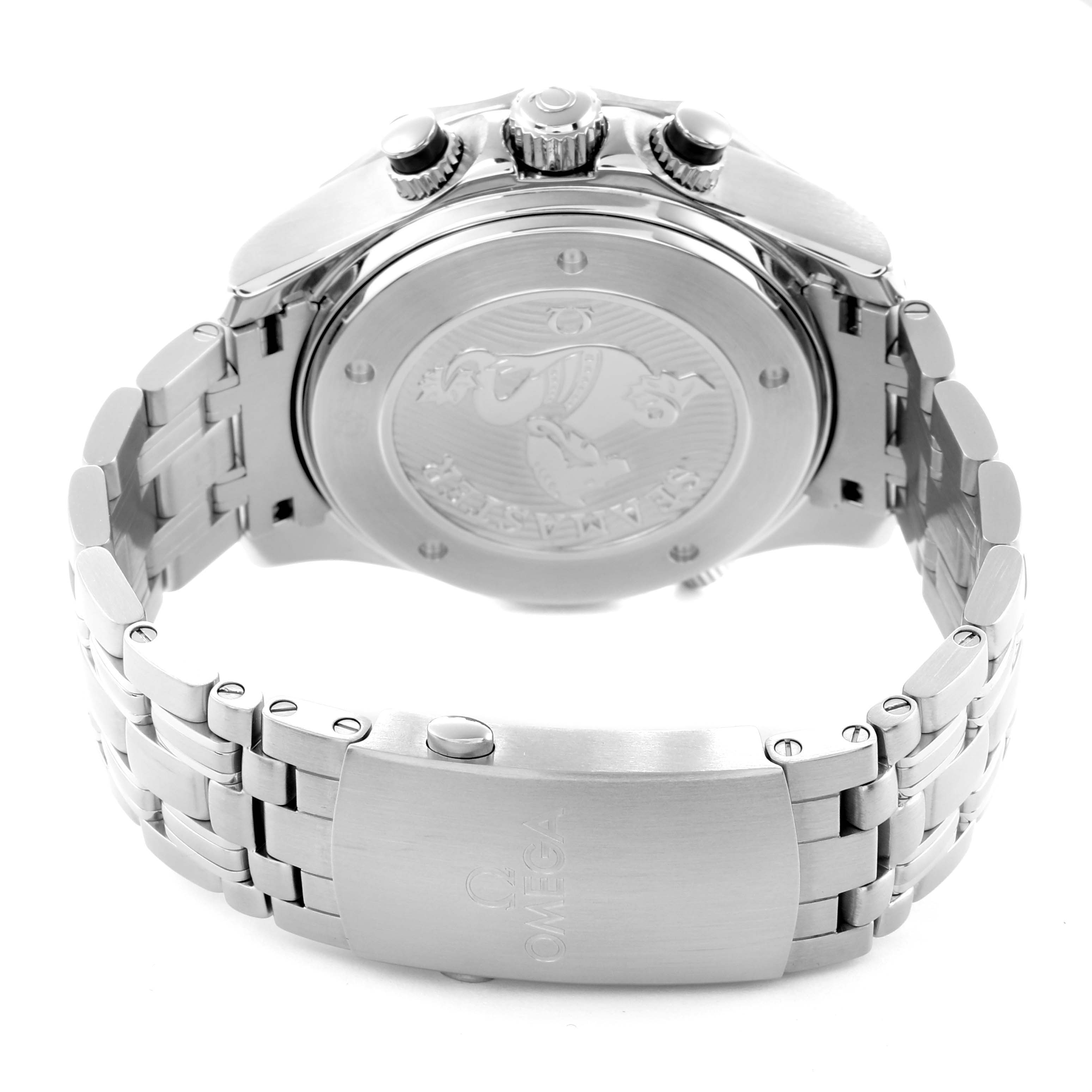 The Omega Seamaster 212.30.44.52.01.001 Men's Stainless Steel Black Dial watch is shown from the back, highlighting the case back, clasp, and metal bracelet.