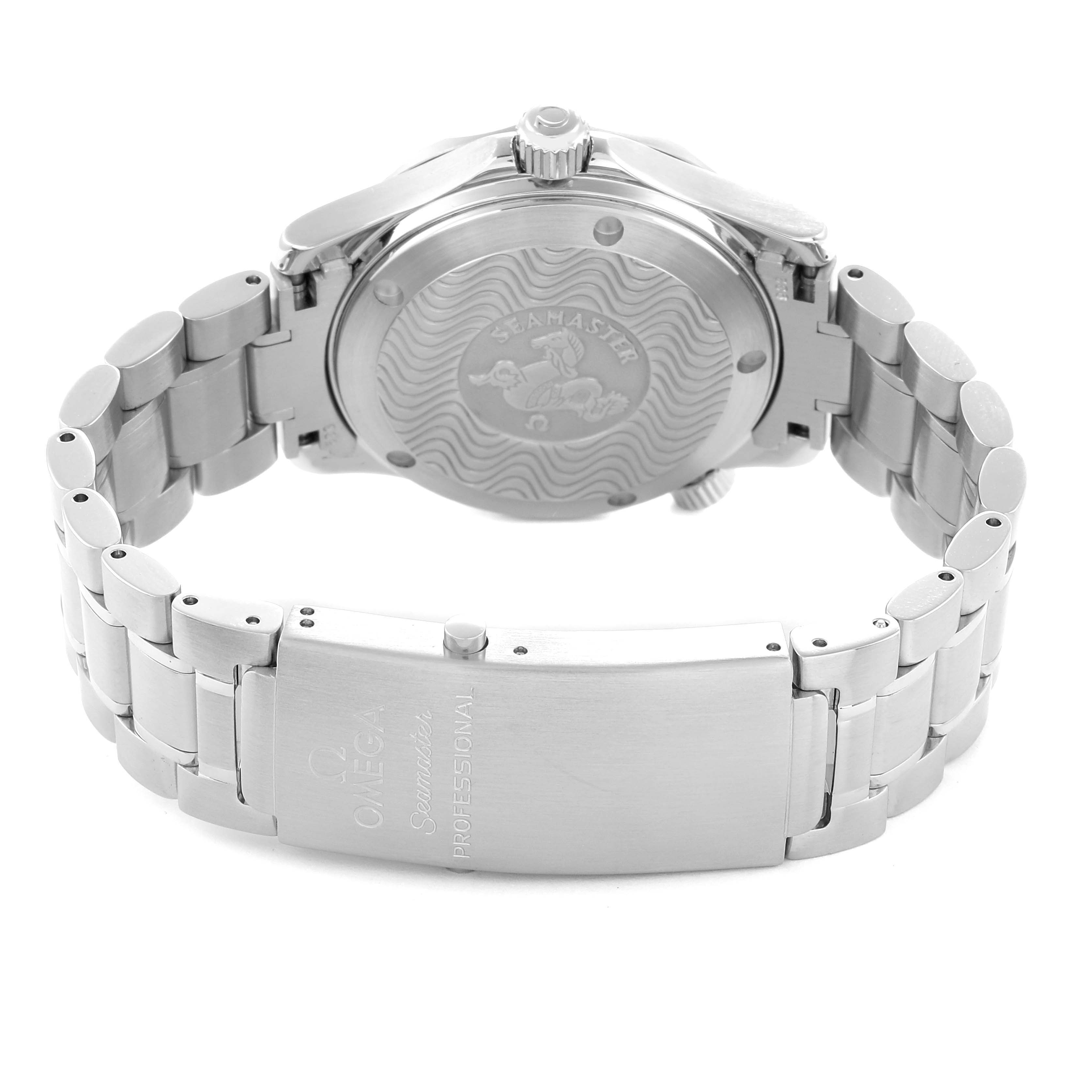 The image shows the back of the Omega Seamaster 2252.50.00 Men
s Stainless Steel Black Dial watch, highlighting the case back and bracelet clasp.