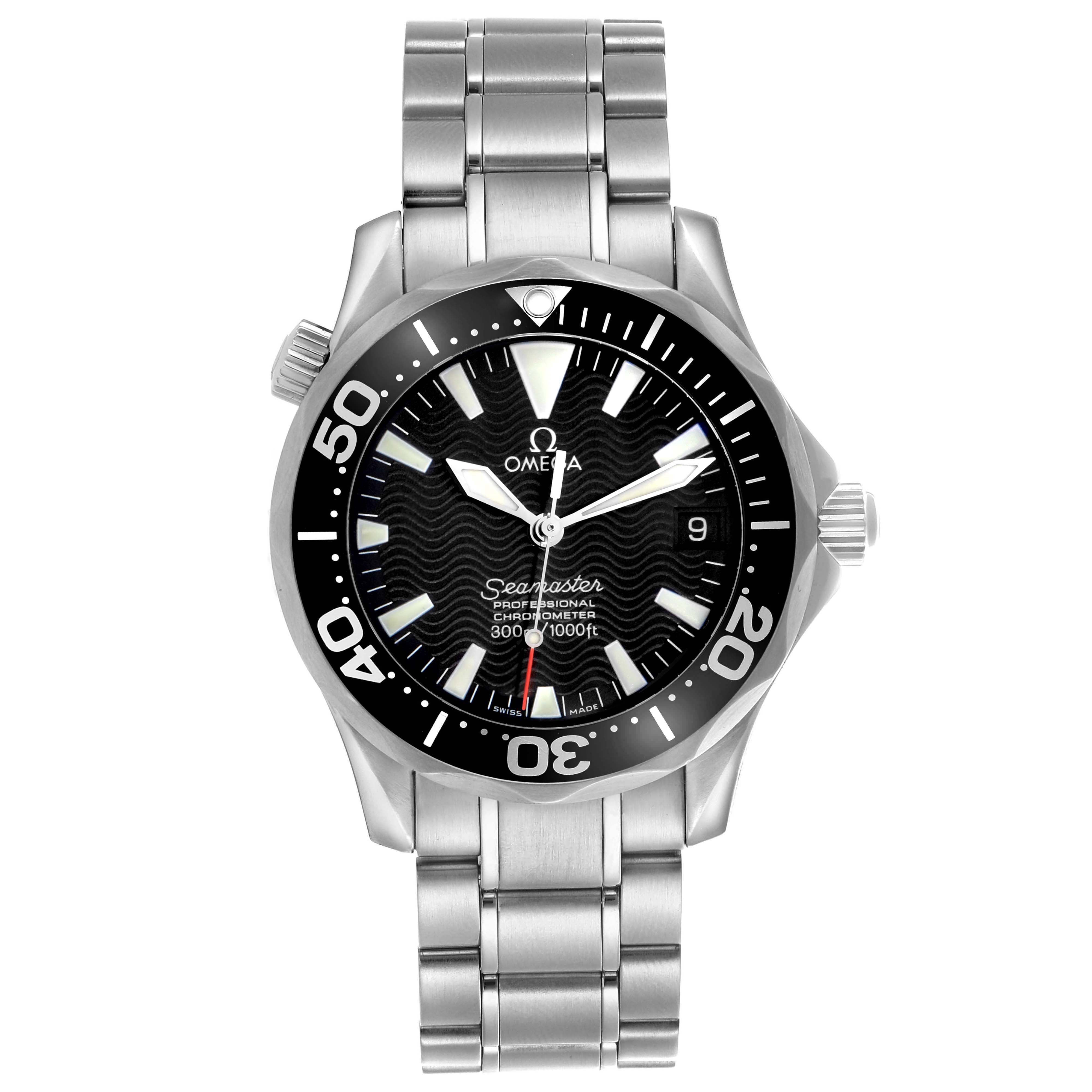 The Omega Seamaster 2252.50.00 Men
s Stainless Steel Black Dial watch is shown from the front, displaying the full dial and bezel with a metal bracelet.